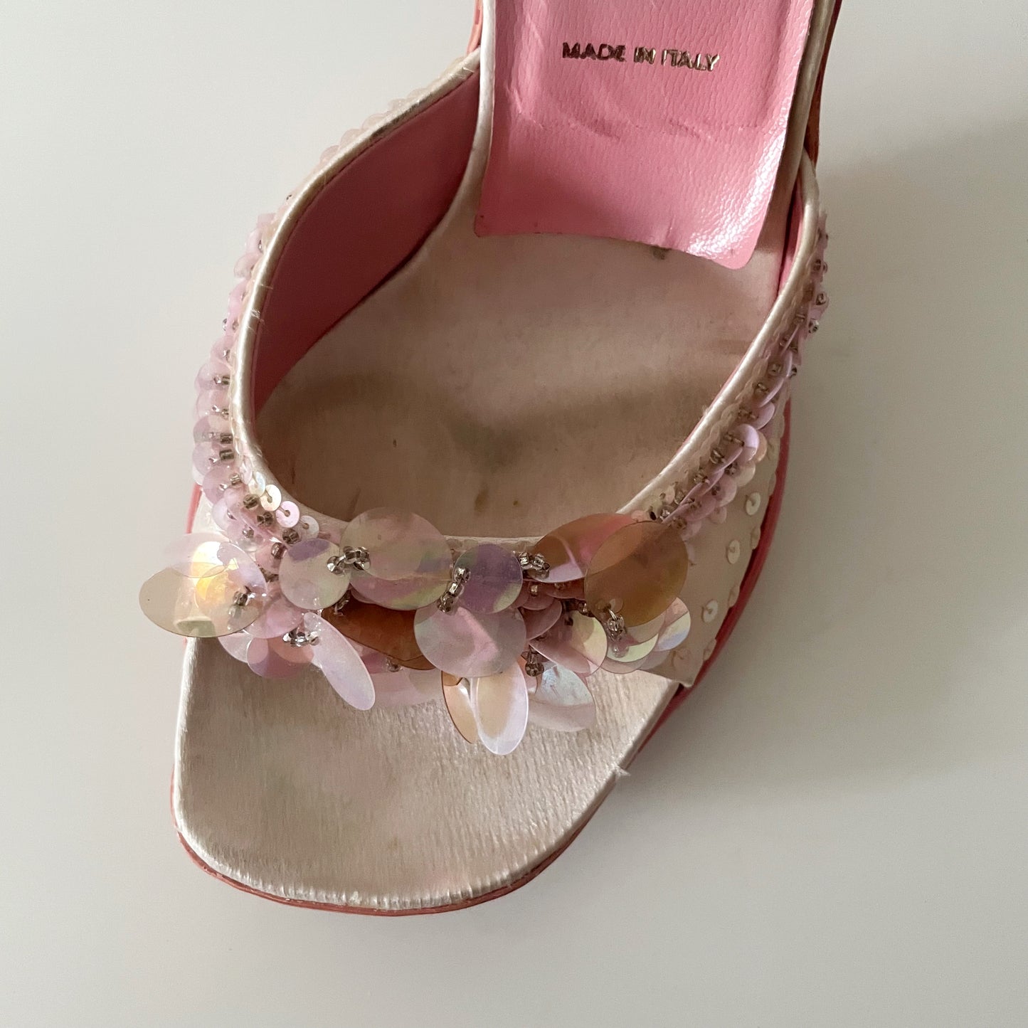 Prada 1999 Pink Sequin Strappy Sandal Heels