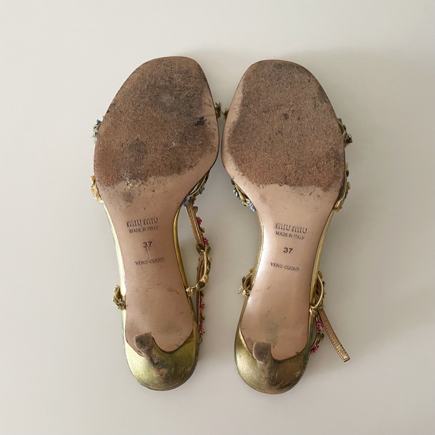 Miu Miu 2000s Floral Gold Leather T-Strap Sandal Heels