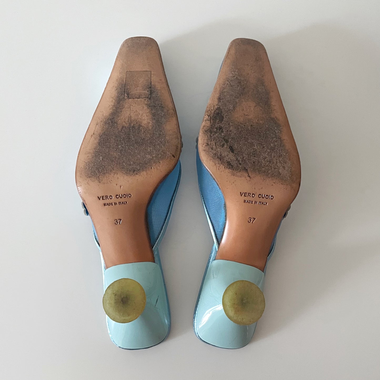 Miu Miu 1999 Metallic Blue Mesh Floral Daisy Mule Heels