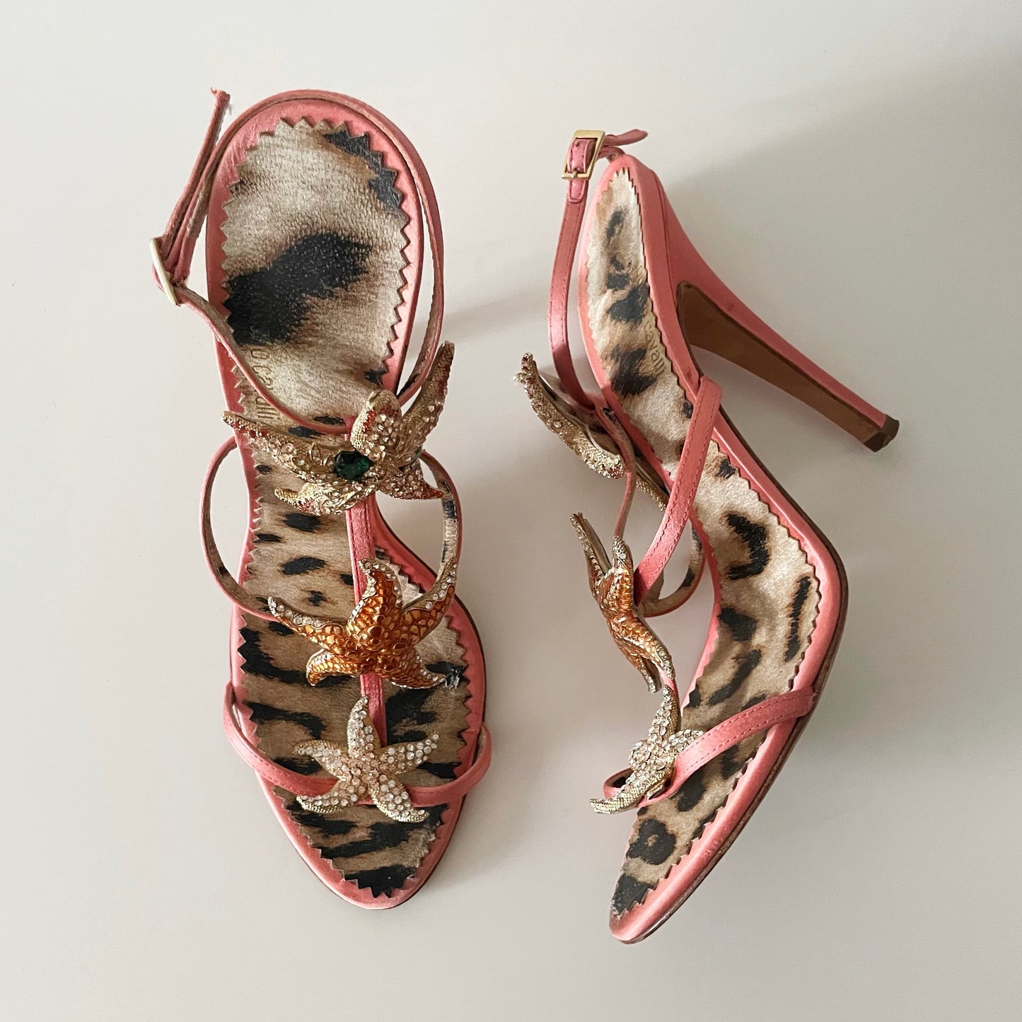 RARE Roberto Cavalli 2000s Rhinestone Encrusted Starfish Pink Satin Sandal Heels