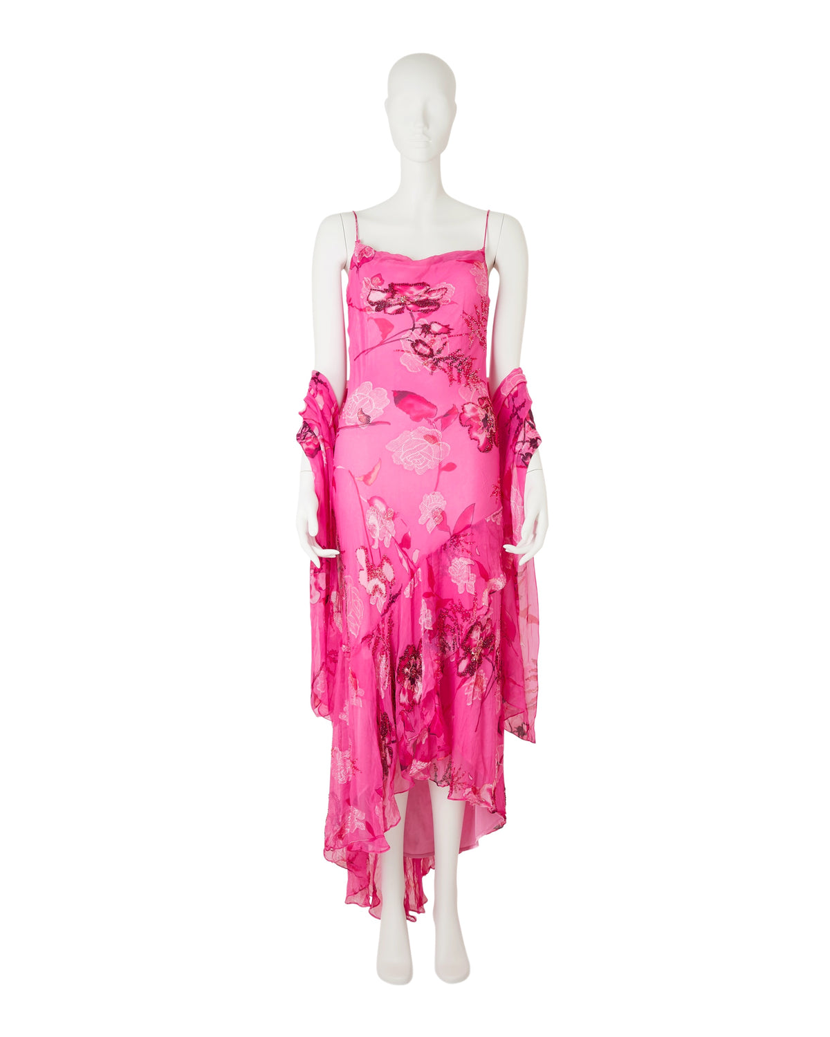 100% Silk Barbie Pink Floral Beaded Asymmetrical Dress