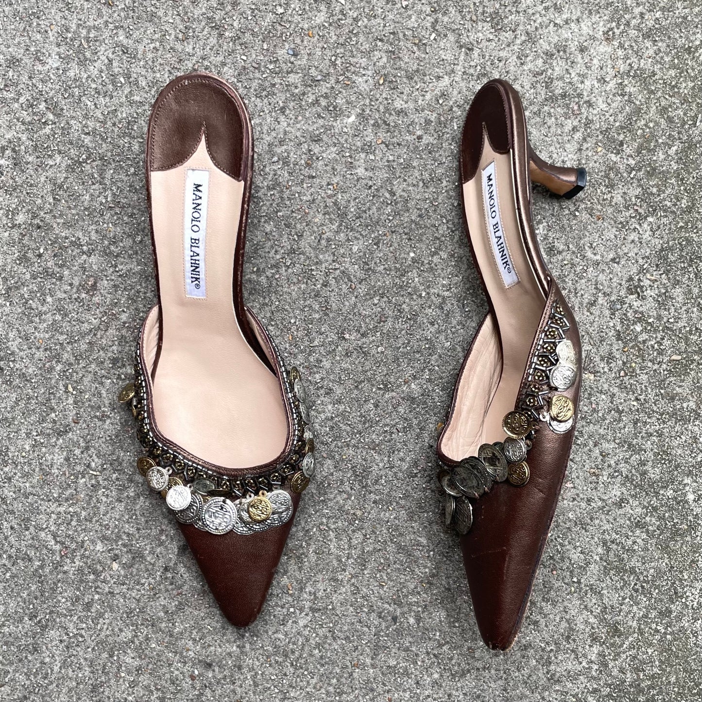 Manolo Blahnik 2000s Silver & Gold Coin Brown Leather Mule Heels