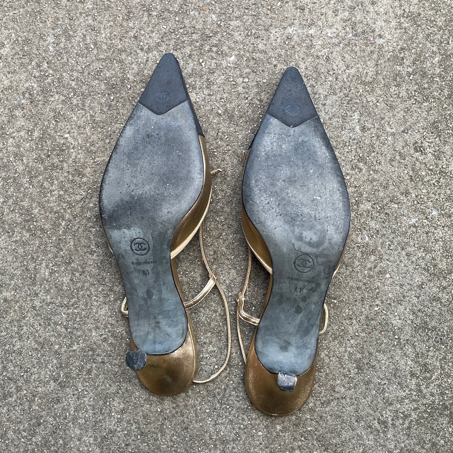 CHANEL ‘CC’ Gold Leather Black Satin Cap Toe Slingback Heels