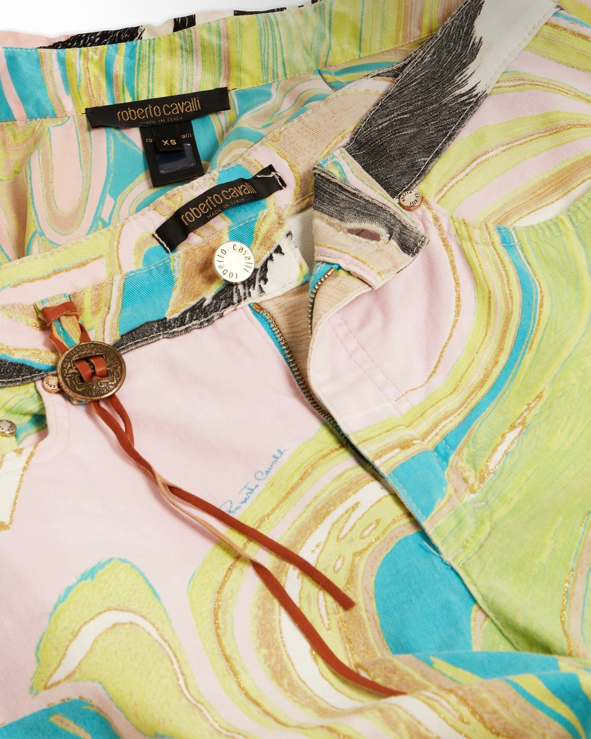 Roberto Cavalli S/S 2004 Green Zebra Print Silk Top & Jeans Set