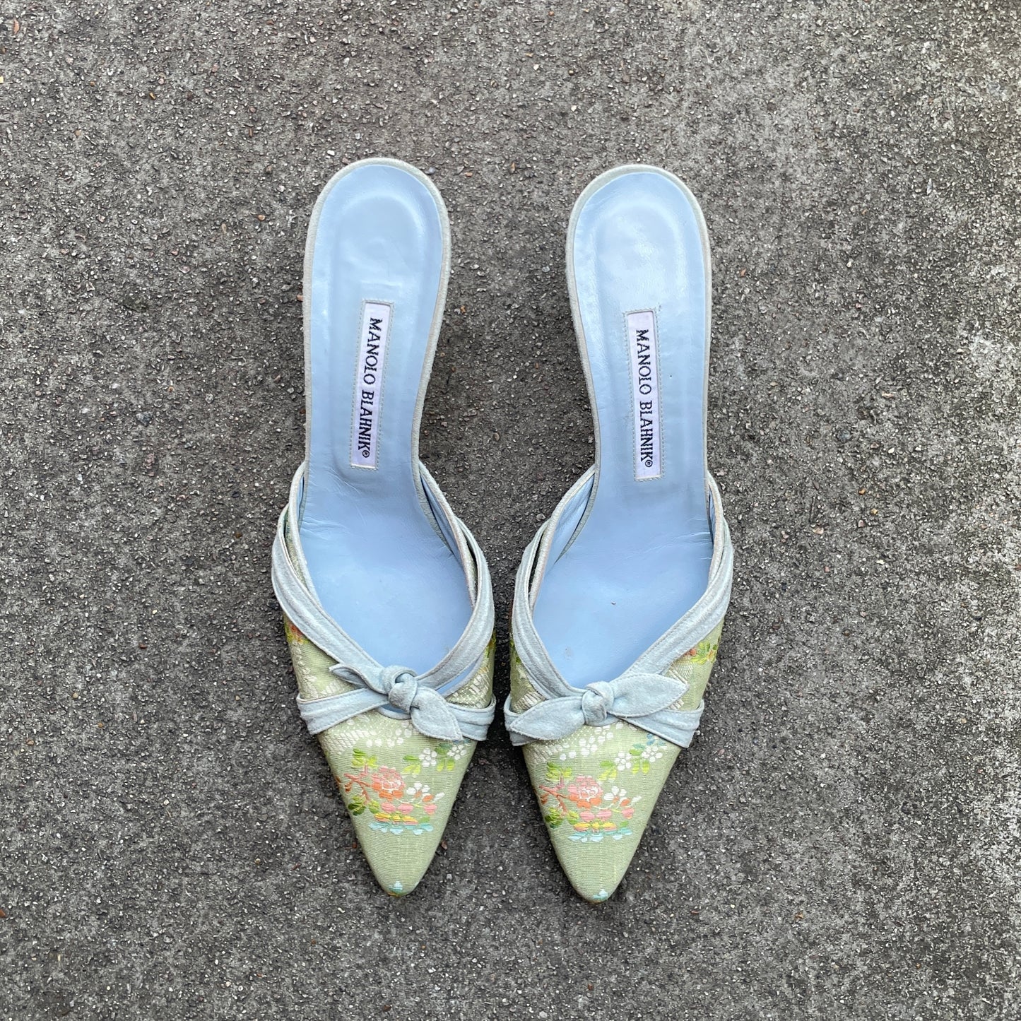 Manolo Blahnik 2000s Floral Canvas Bow Mules