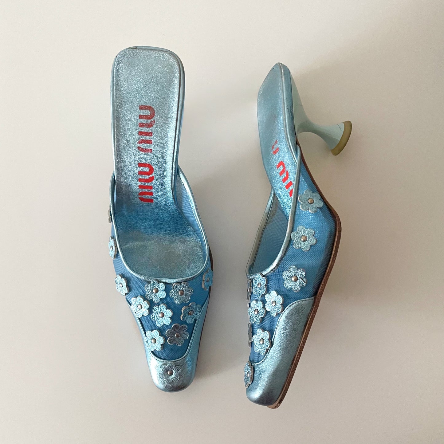 Miu Miu 1999 Metallic Blue Mesh Floral Daisy Mule Heels