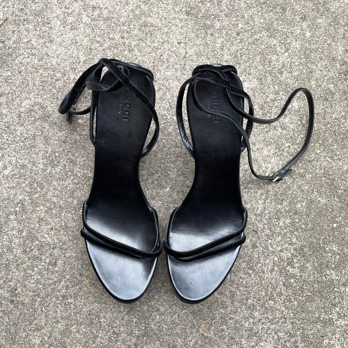 Gucci by Tom Ford 1996 “GG” Black Wood & Velvet Wedge Heels