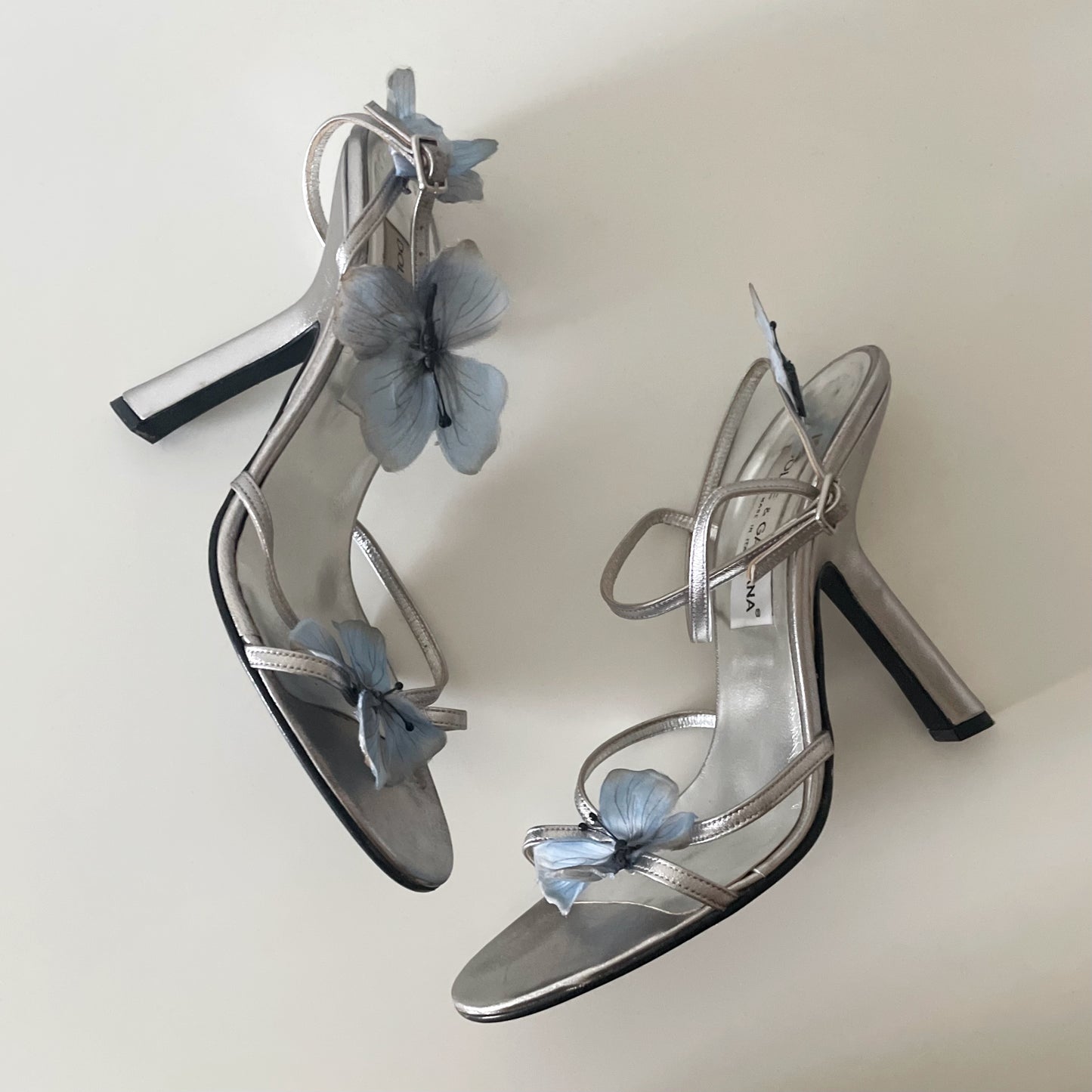 Dolce & Gabbana S/S 1998 Silver & Blue Butterfly Ankle Strap Sandal Heels