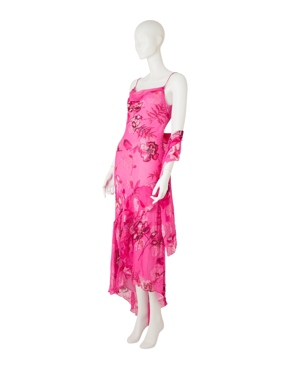 100% Silk Barbie Pink Floral Beaded Asymmetrical Dress