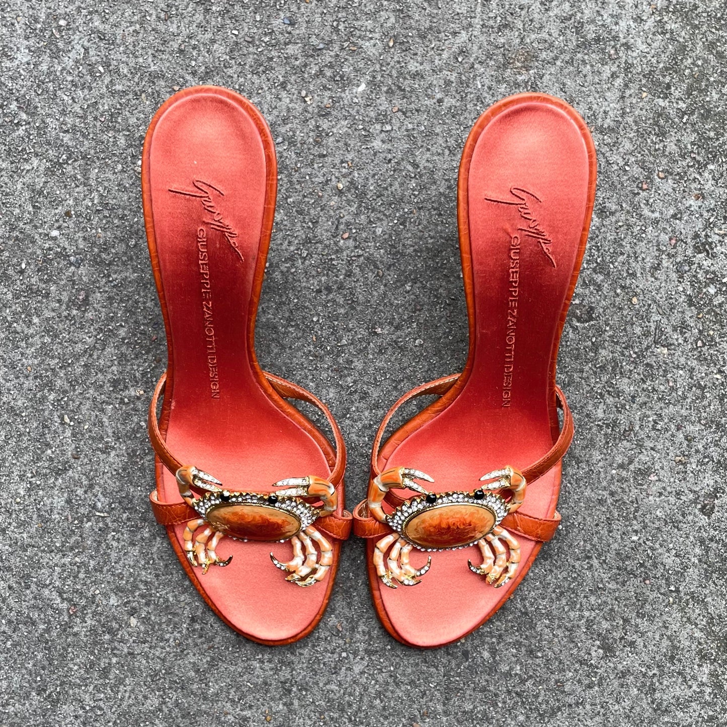 EXTREMELY RARE Giuseppe Zanotti Vintage Crystal Rhinestone Encrusted Orange Crab Sandal Heels