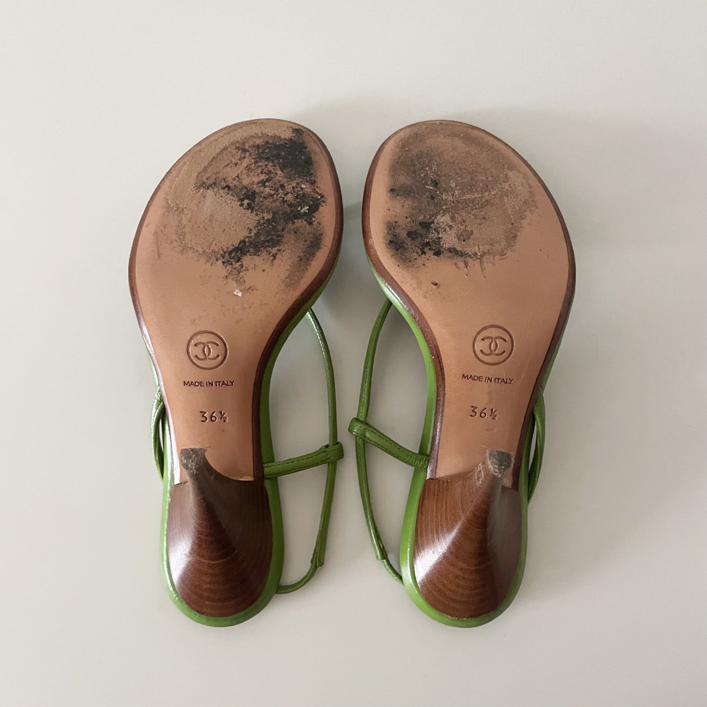 Chanel 2004 Ladybug Green Leather Slingback Heels