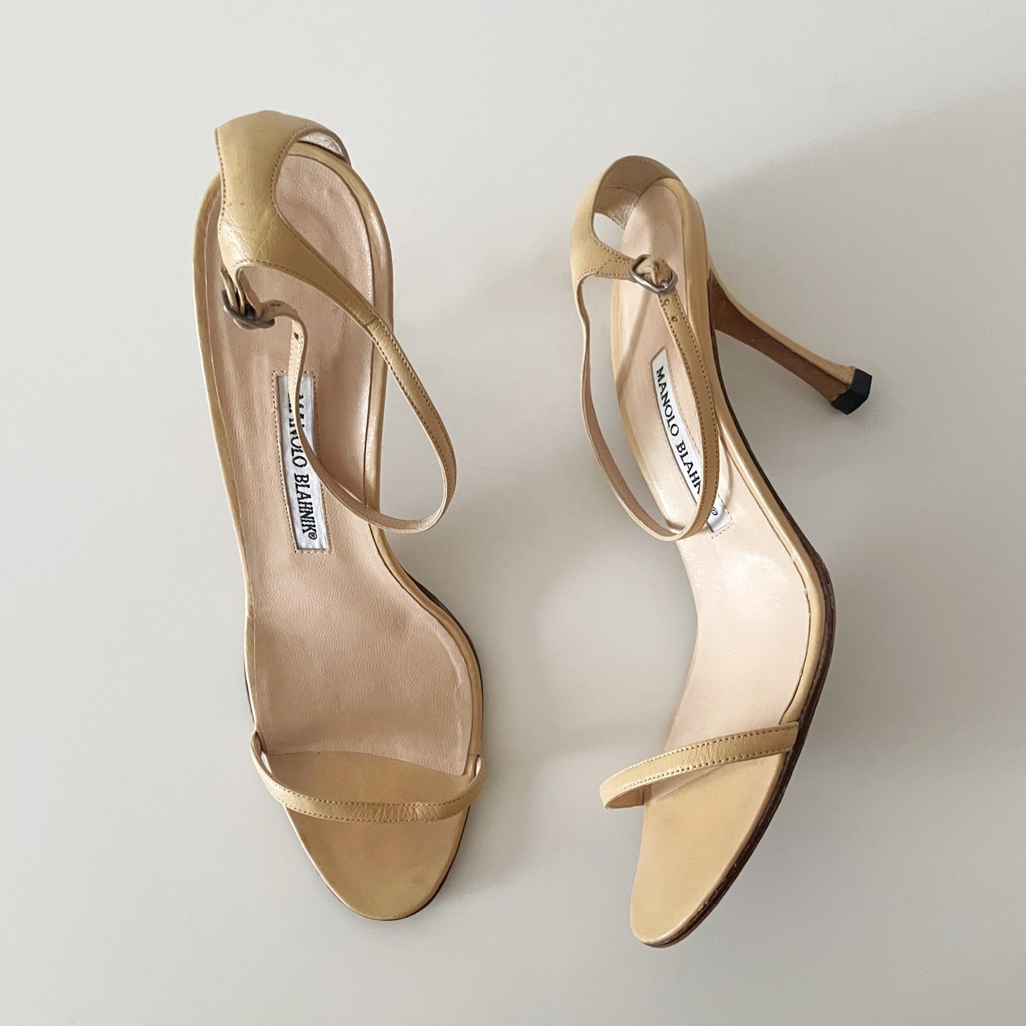 Manolo Blahnik Nude Leather Ankle Strap Sandal Heels