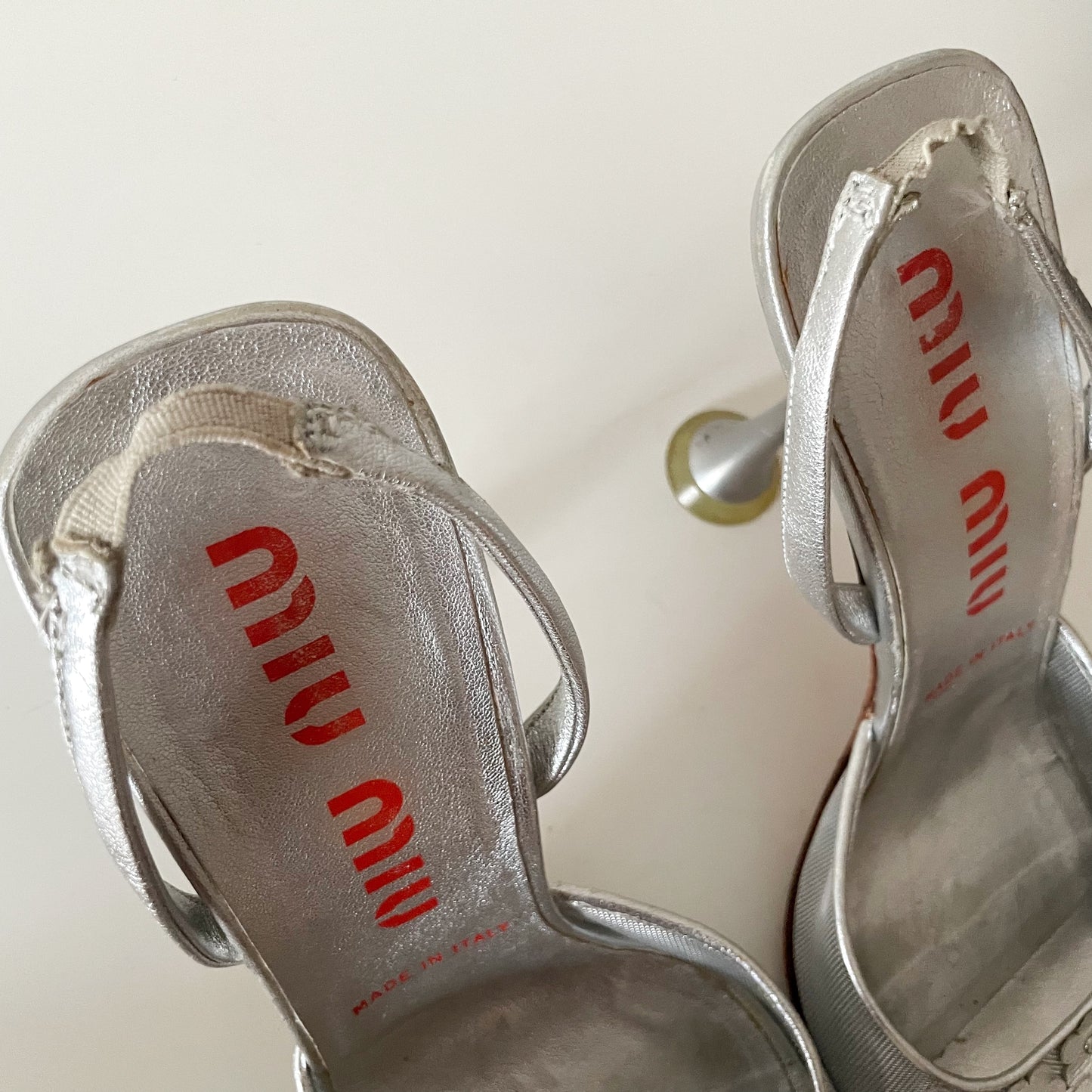 Miu Miu 1999 Metallic Silver Mesh Floral Daisy Slingback Heels