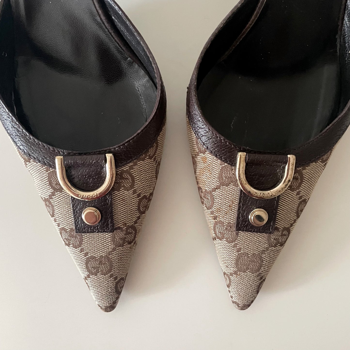 Gucci “GG” Beige & Brown Monogram D Ring Mule Heels
