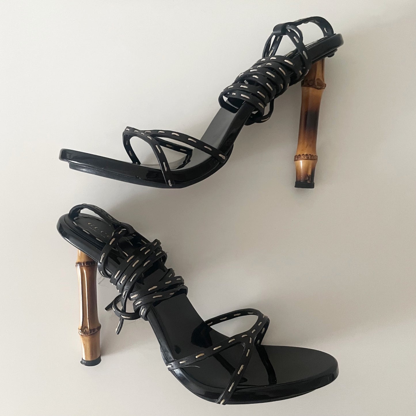 Gucci by Tom Ford S/S 2002 Black Bamboo Strappy Leather Sandal Heels