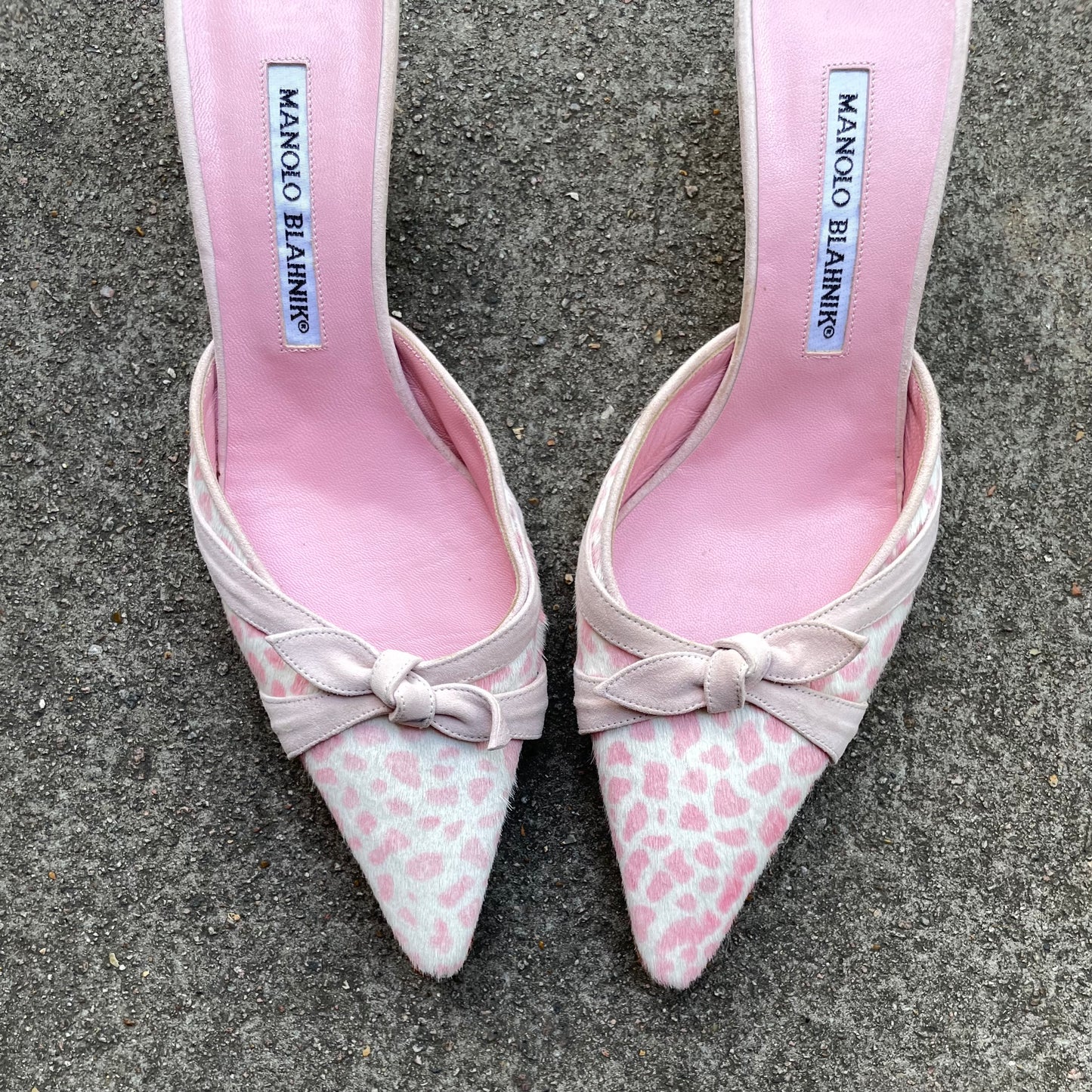 Manolo Blahnik Pink Leopard Ponyhair Mule Heels