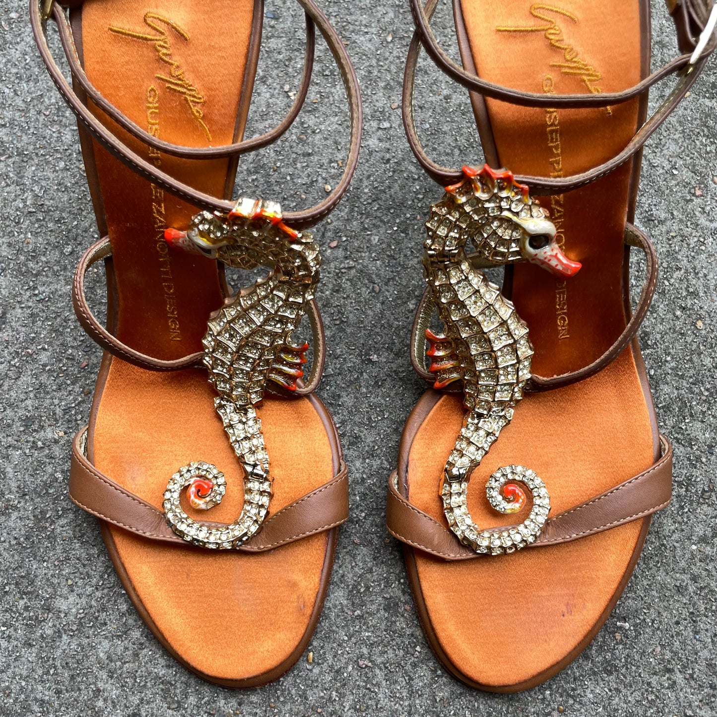 RARE Giuseppe Zanotti 2000s Brown & Orange Crystal Rhinestone Seahorse Sandal Heels
