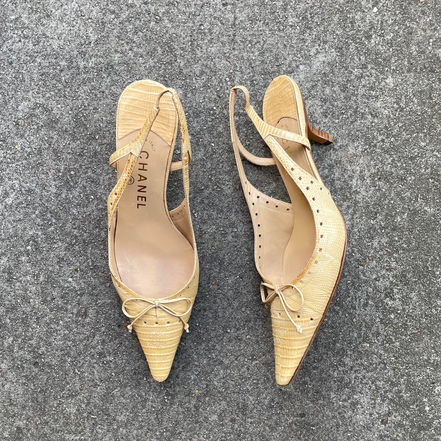 Chanel “CC” Beige Snakeskin Bow Slingback Heels