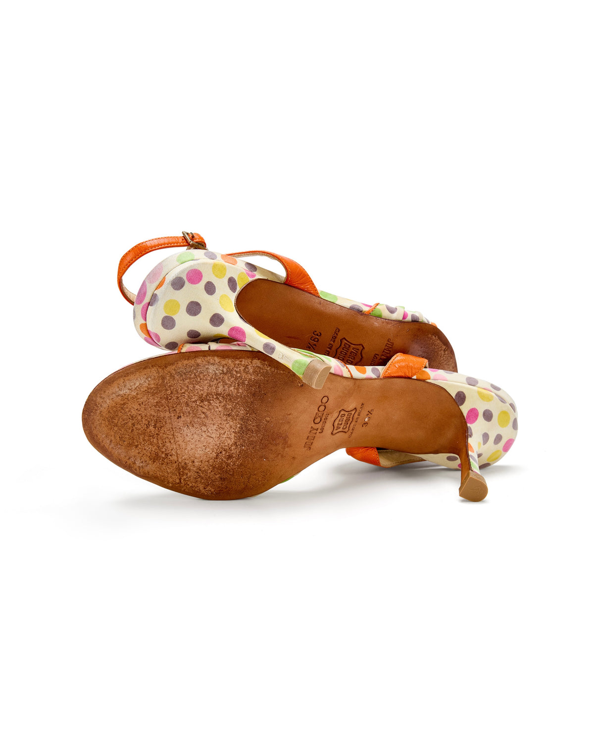 2000s Orange Polkadot Silk Slingback Heels