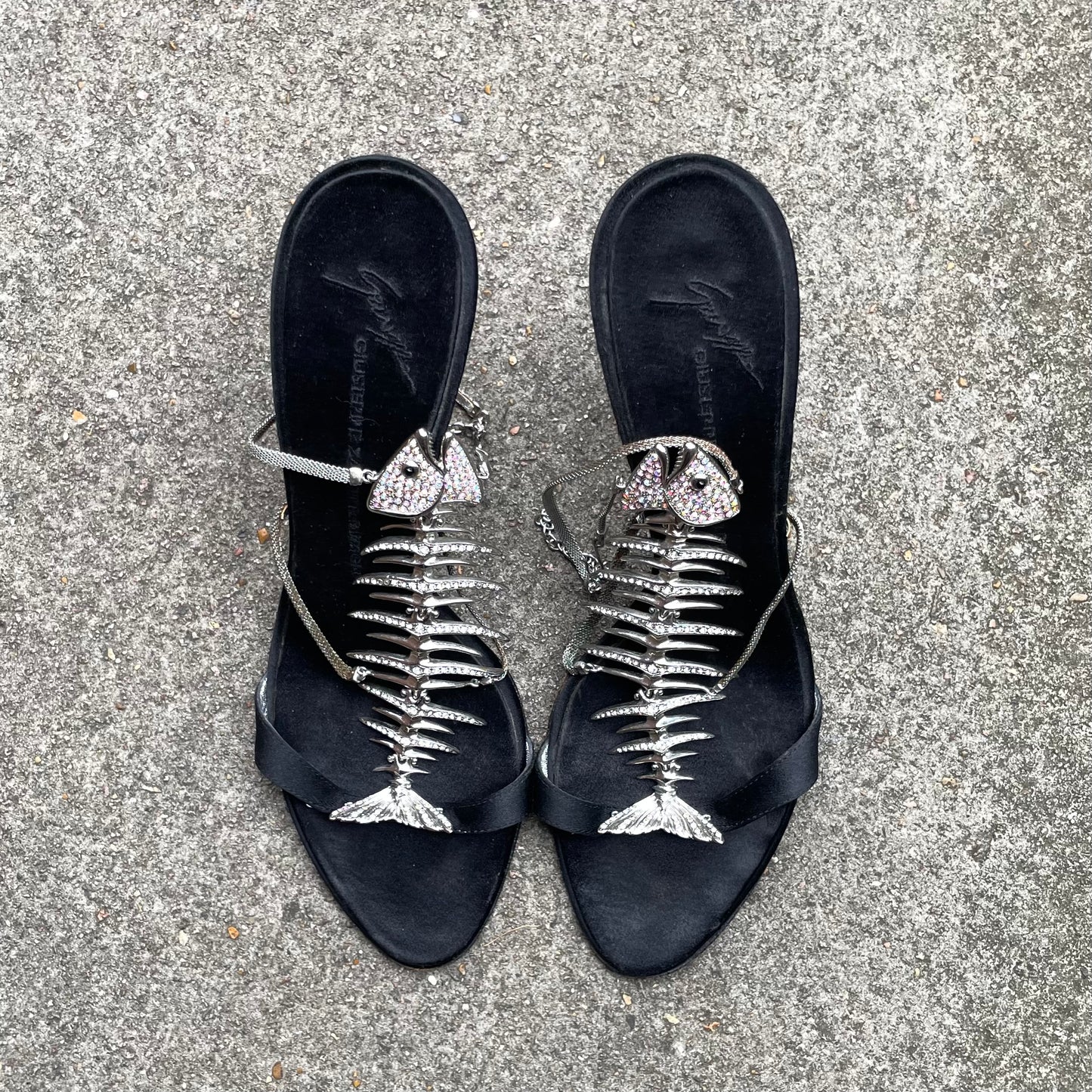 RARE Giuseppe Zanotti Rhinestone Fishbone Black Satin Sandal Heels