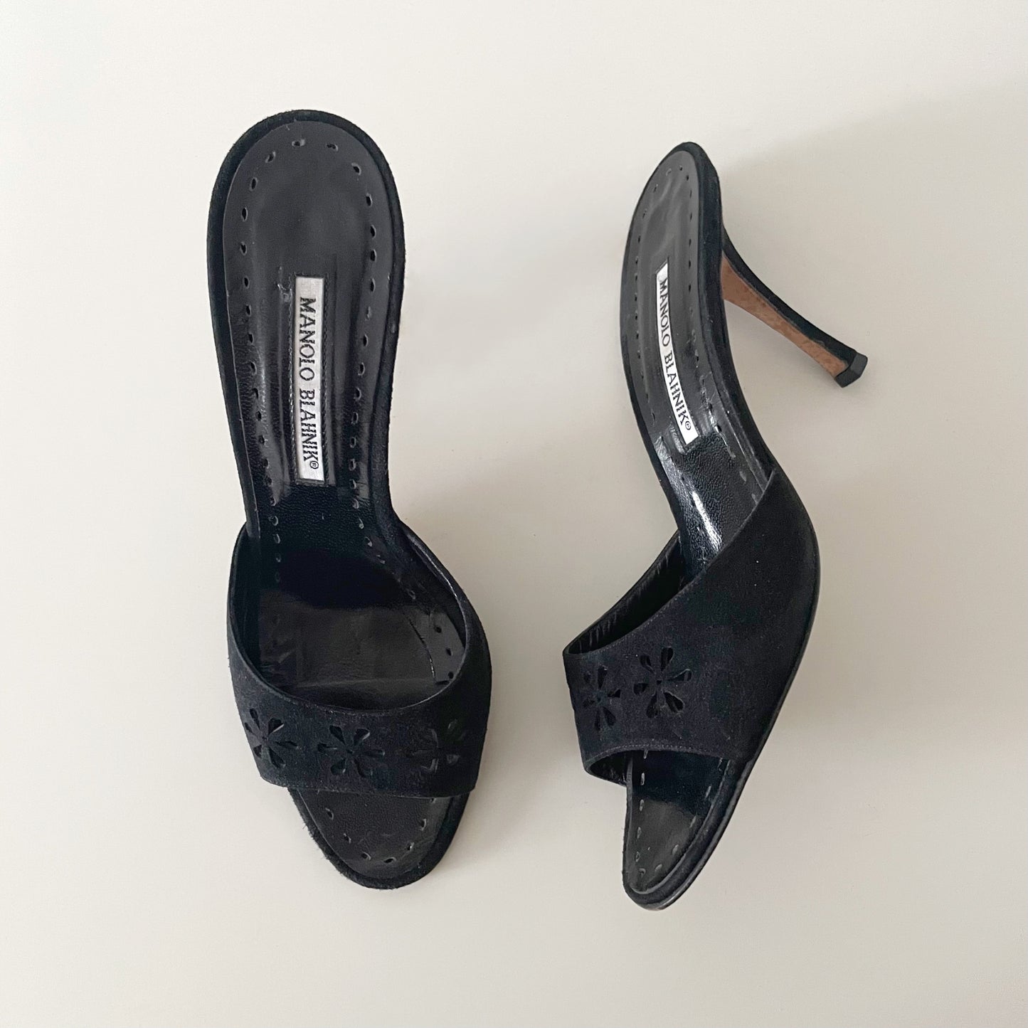 Manolo Blahnik Black Suede Floral Eyelet Laser Cut Sandal Heels