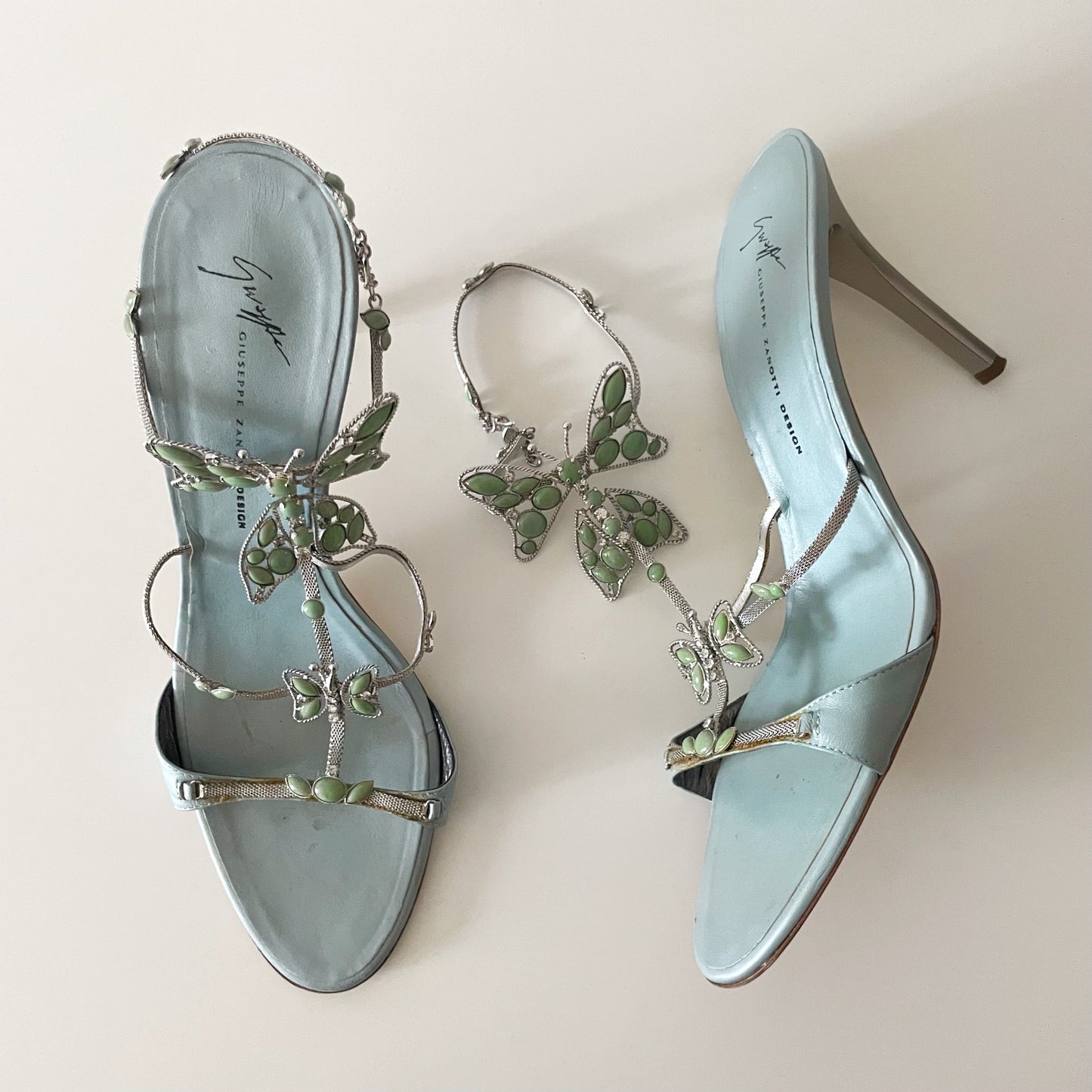 Giuseppe Zanotti S/S 2001 Vintage Blue Stone Butterfly Sandal Heels
