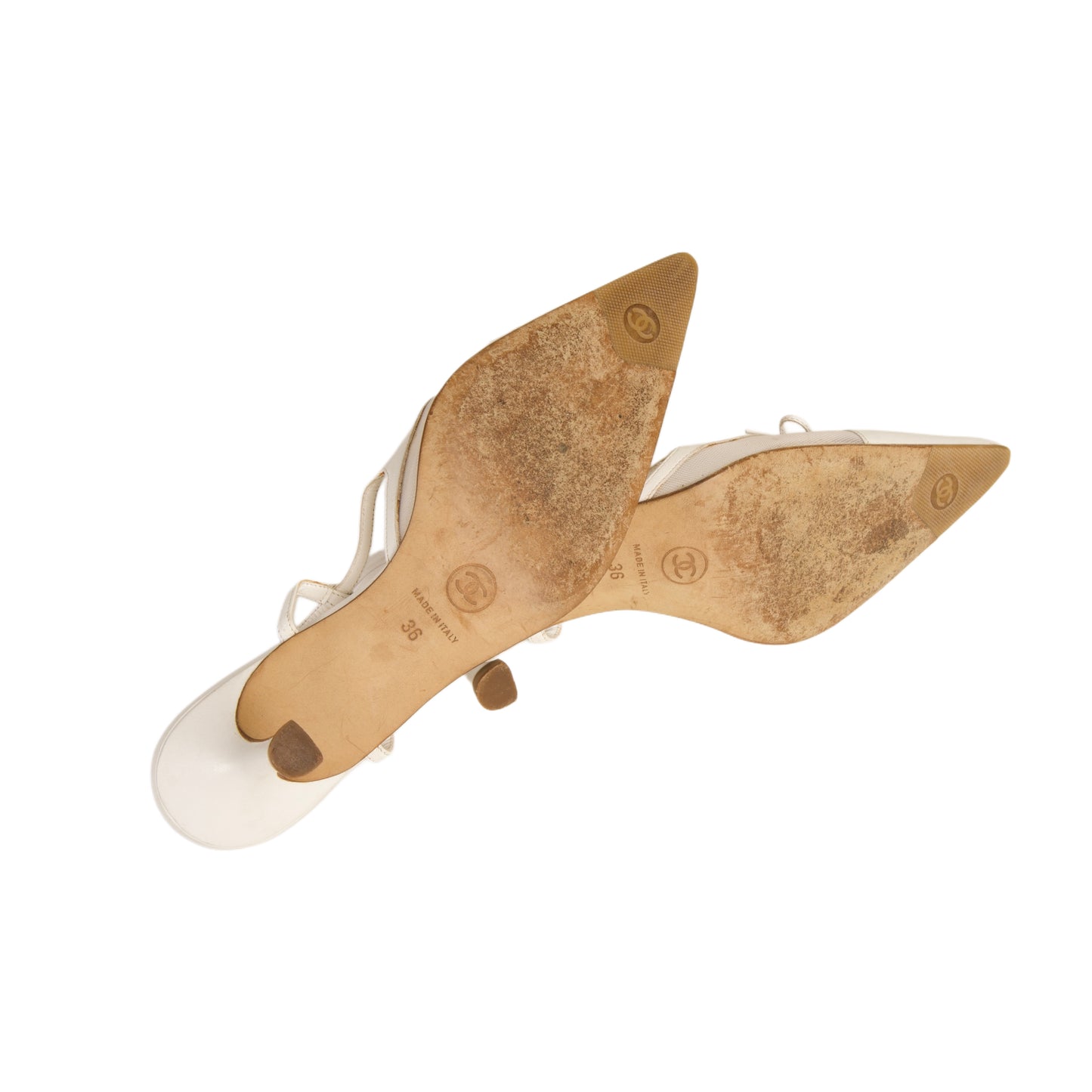 CHANEL 2005 “CC” White Bow Mesh Slingback Heels