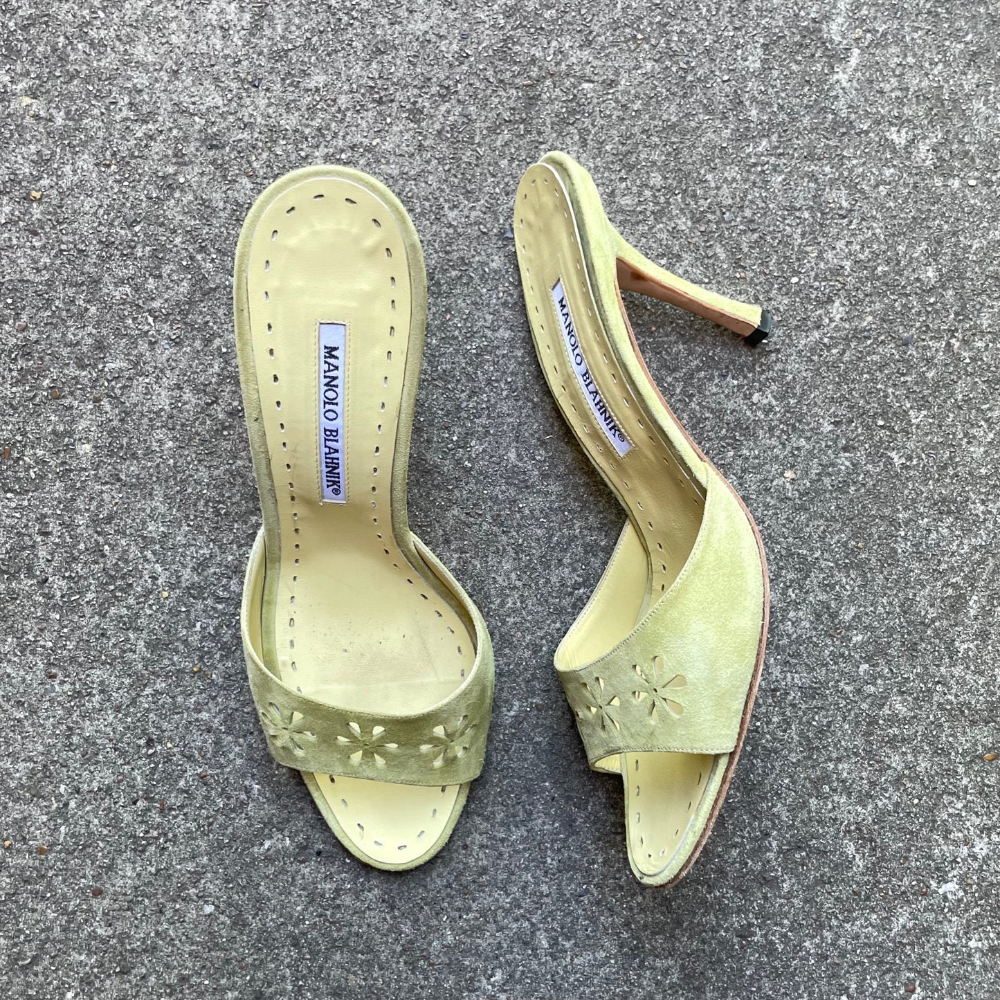 Manolo Blahnik Light Green Suede Flower Laser Cut Eyelet Sandal Heels