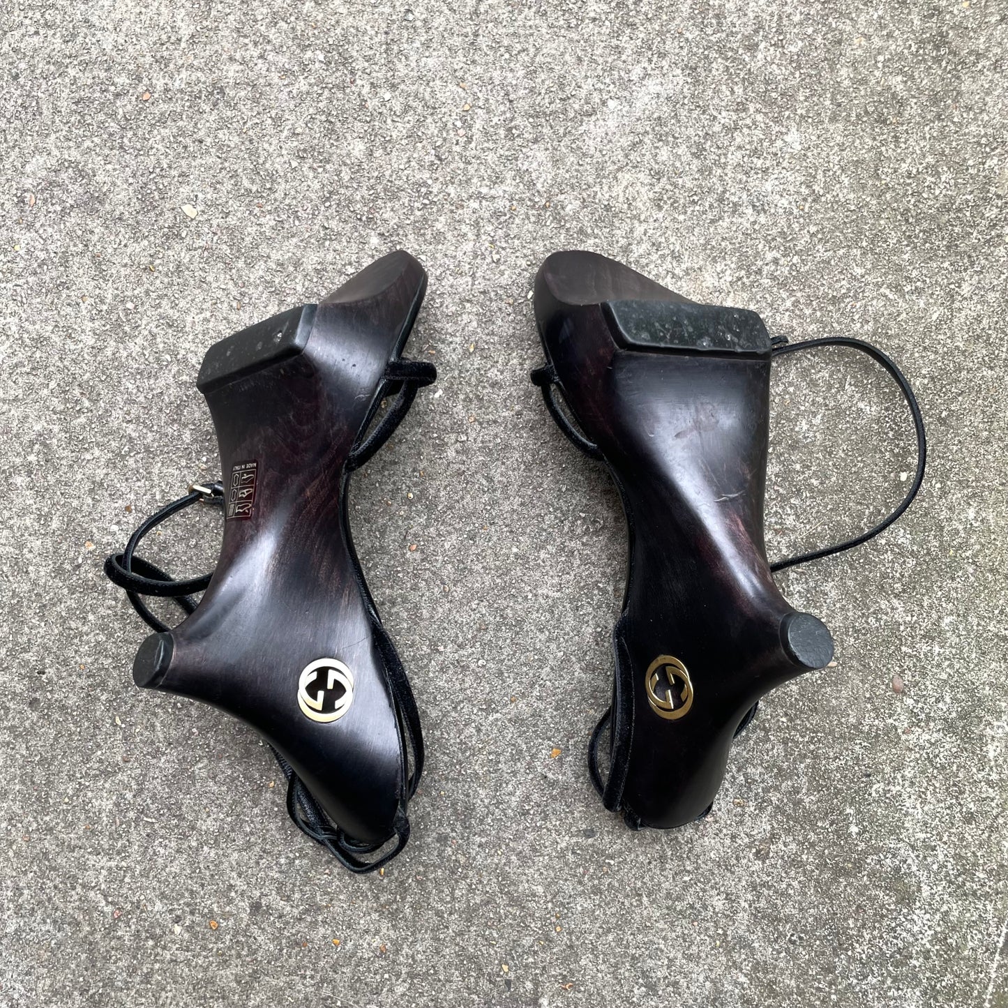 Gucci by Tom Ford 1996 “GG” Black Wood & Velvet Wedge Heels