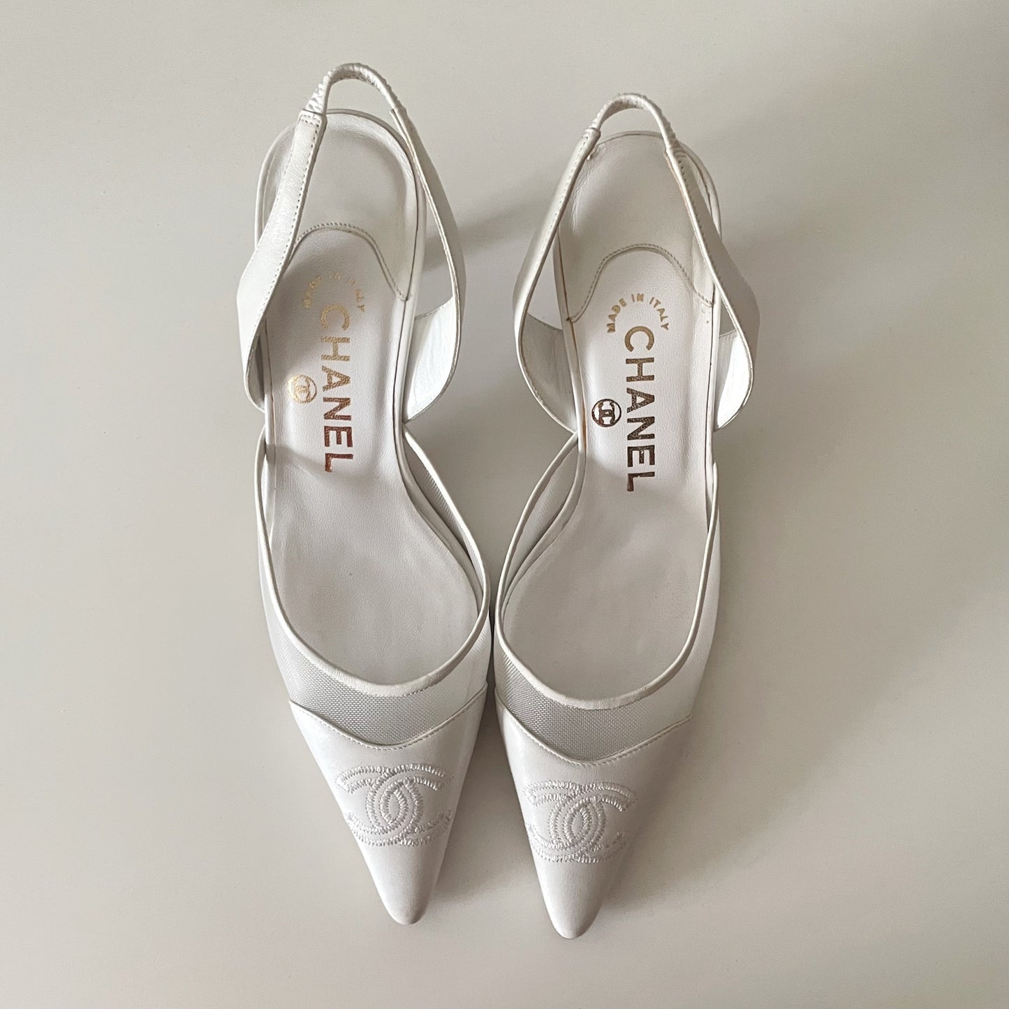 CHANEL “CC” White Mesh Leather Slingback Heels