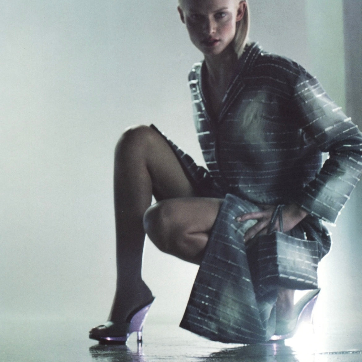 Prada S/S 1998 Grey Satin Lucite Plexiglass Slingback Wedge Heels