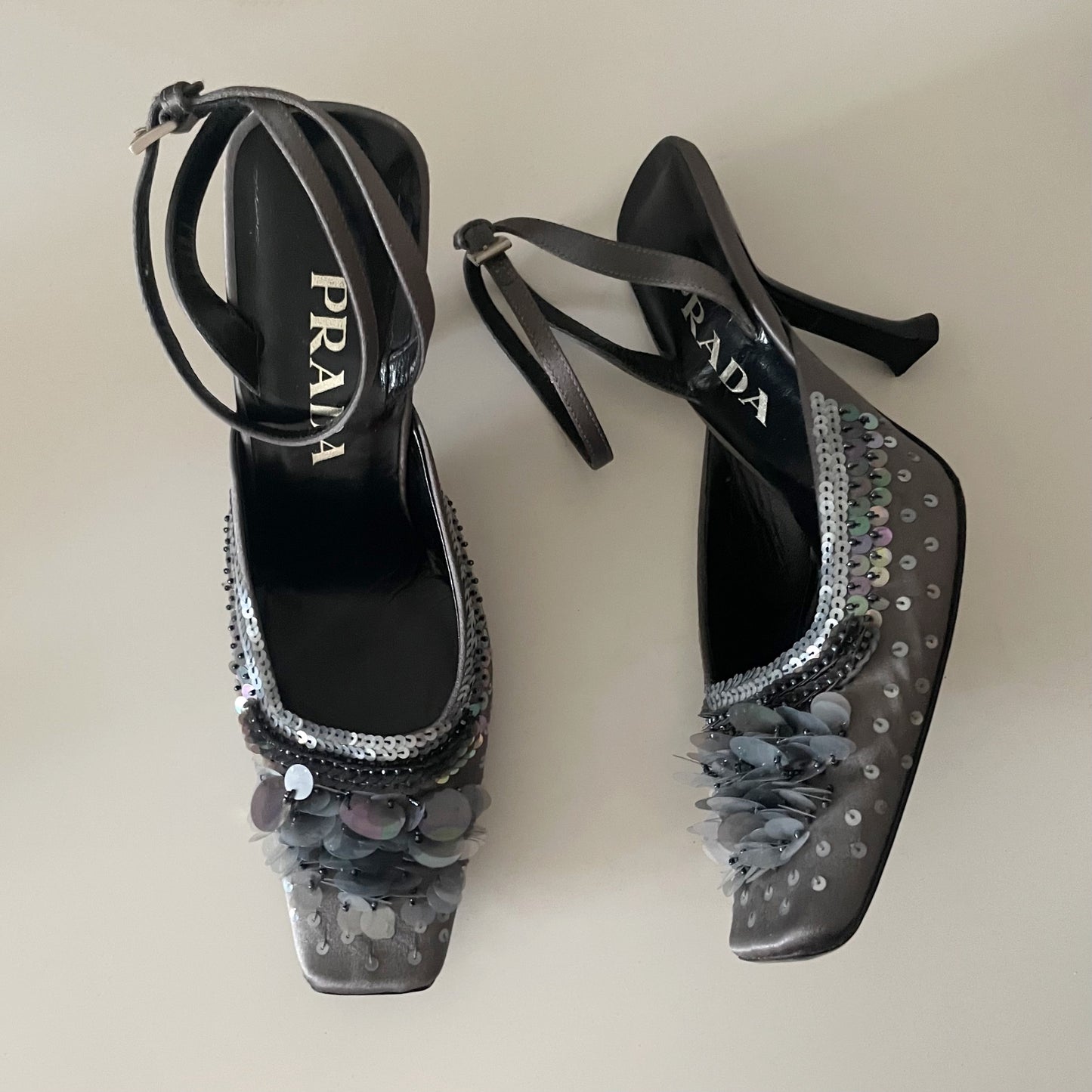 Prada F/W 1999 Grey Silver Sequin Raso Luce Pailettes Satin Ankle Strap Heels