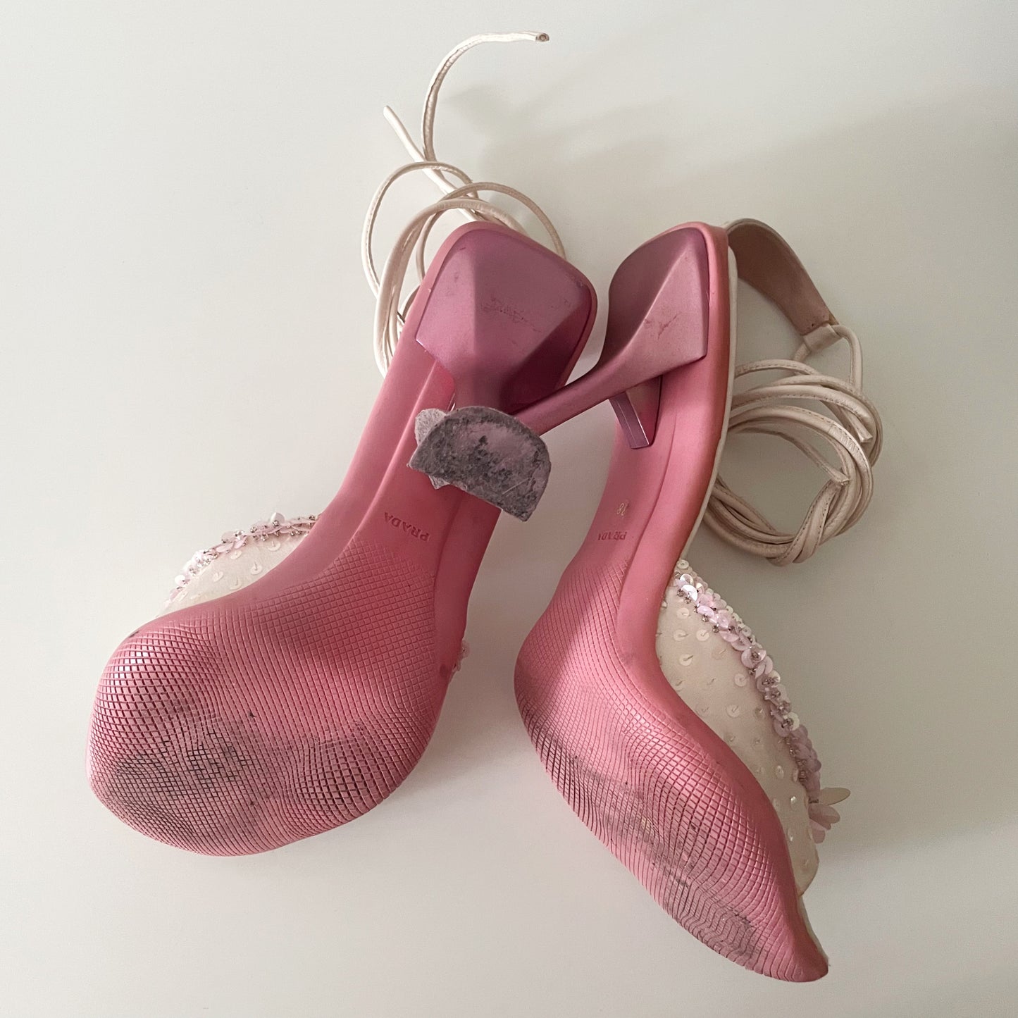 Prada 1999 Pink Sequin Strappy Sandal Heels