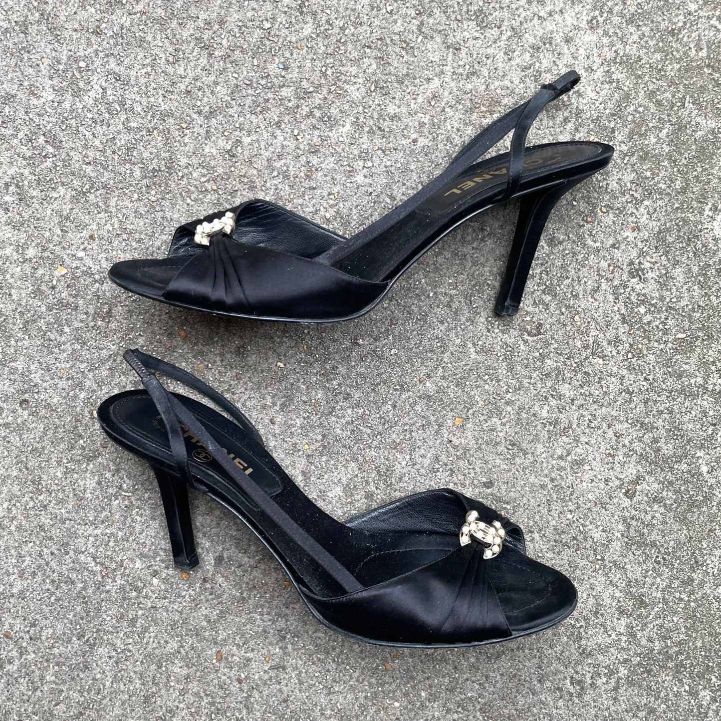 Chanel 2005 “CC” Pearl Embellished Black Satin Slingback Heels