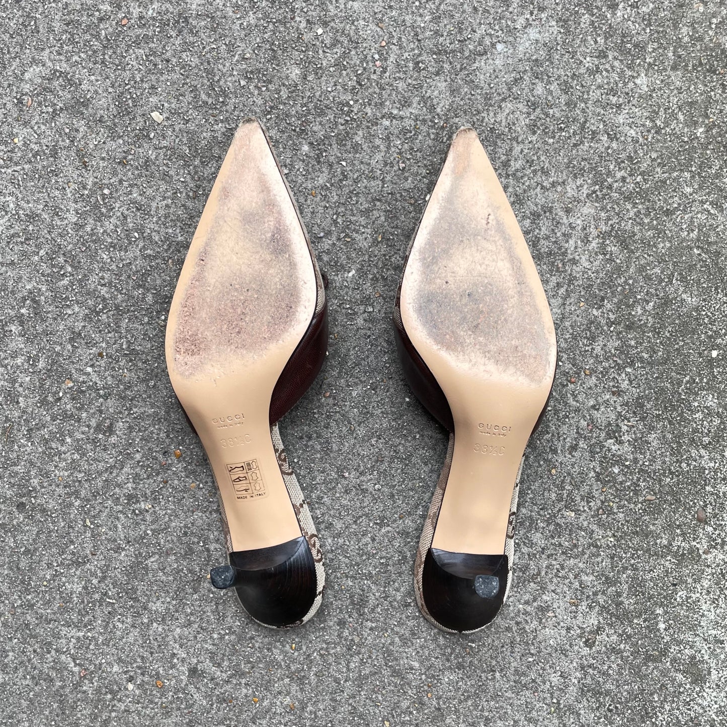 Gucci “GG” Monogram Canvas Beige & Brown Mule Heels