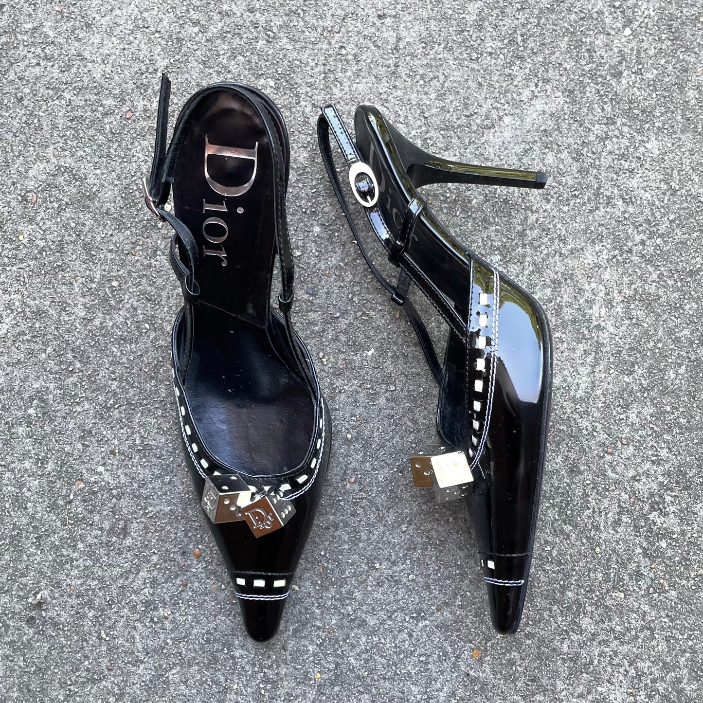 RARE Dior by John Galliano 2004 Black Gambler Dice Patent Leather Slingback Heels