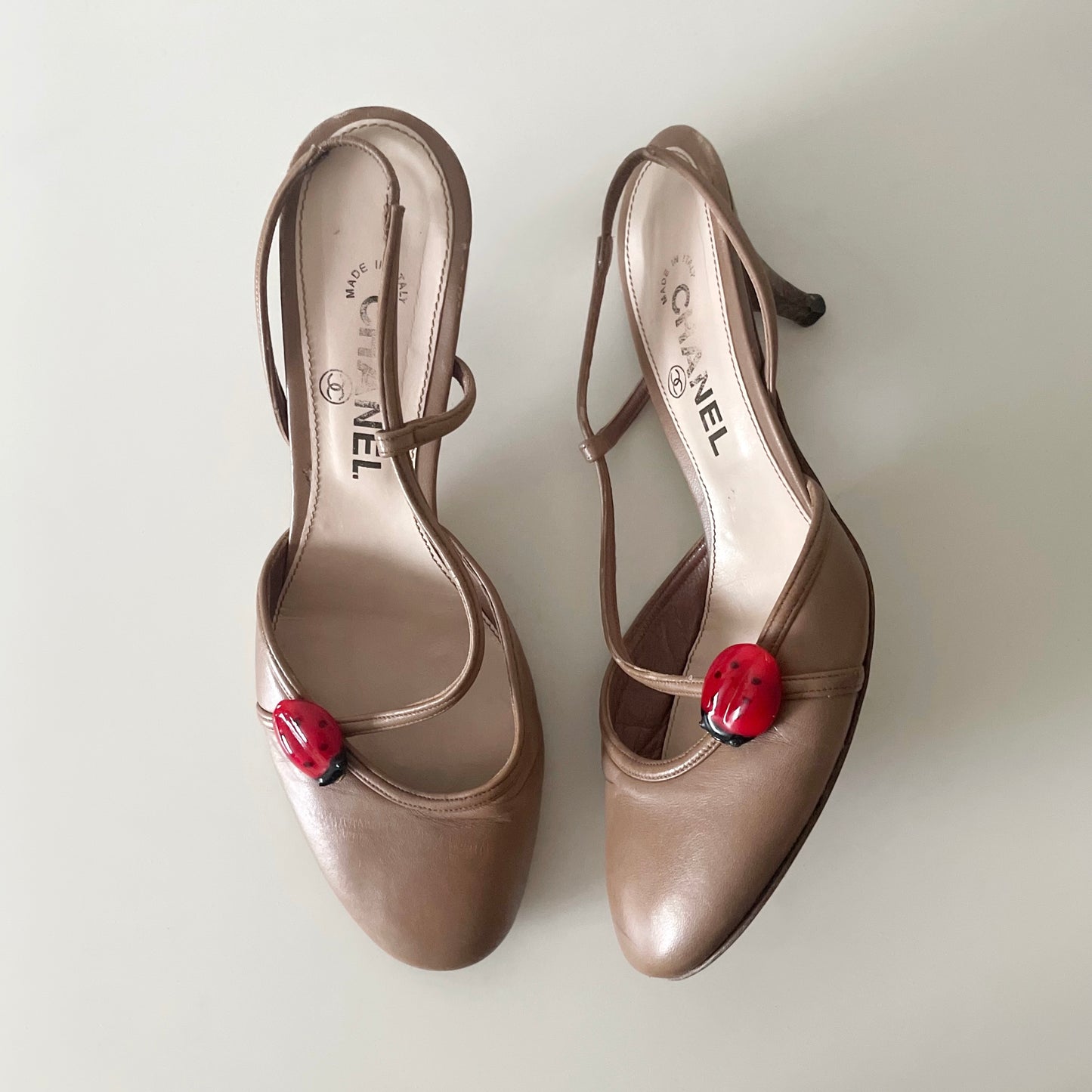 CHANEL S/S 2004 Light Brown Ladybug Slingback Heels