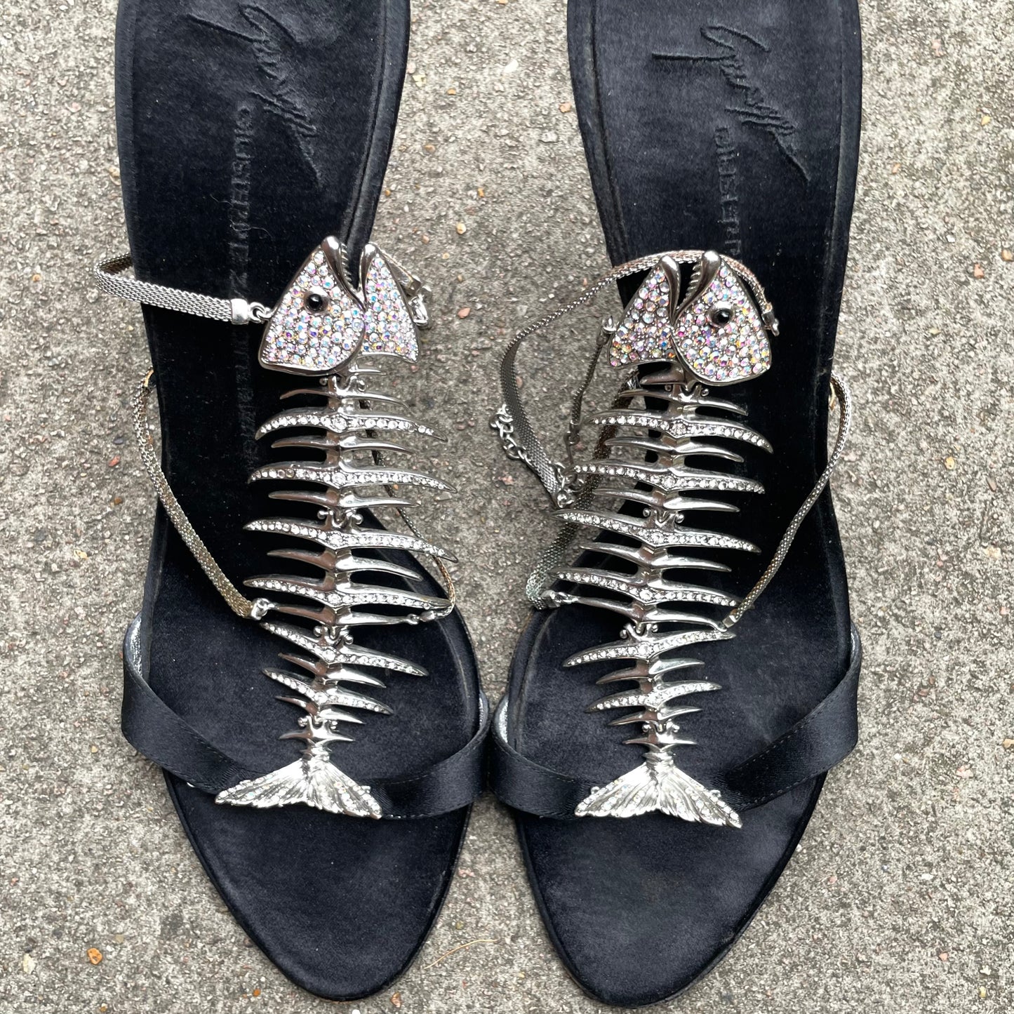 RARE Giuseppe Zanotti Rhinestone Fishbone Black Satin Sandal Heels