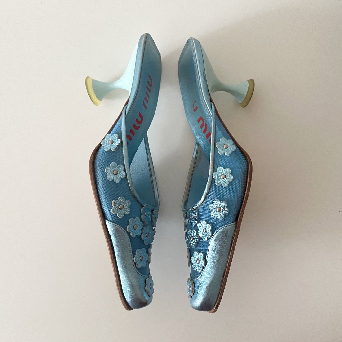Miu Miu 1999 Metallic Blue Mesh Floral Daisy Mule Heels