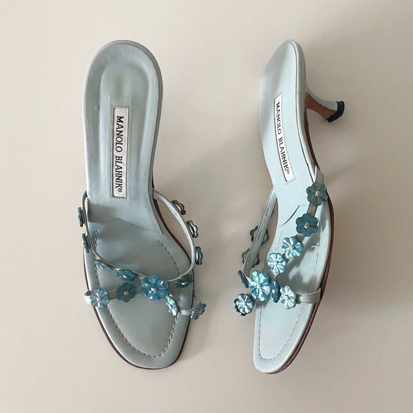 Manolo Blahnik 2000s Blue Pearlescent Flower Sandal Heels
