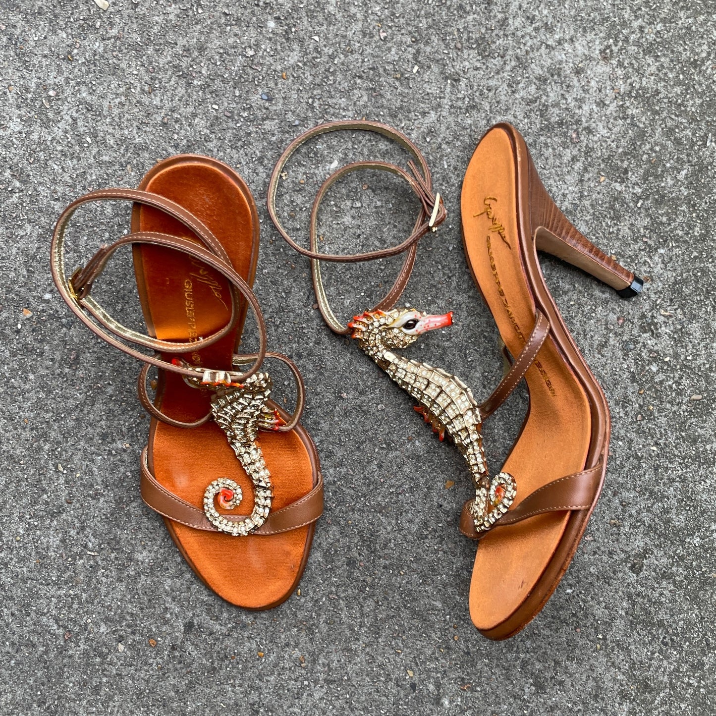 RARE Giuseppe Zanotti 2000s Brown & Orange Crystal Rhinestone Seahorse Sandal Heels