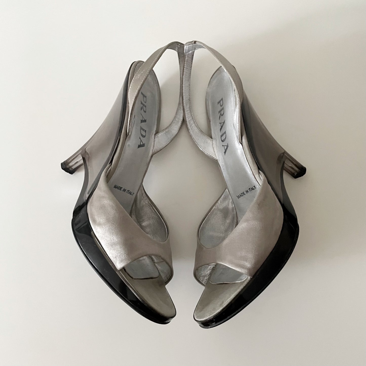 Prada S/S 1998 Grey Satin Lucite Plexiglass Slingback Wedge Heels