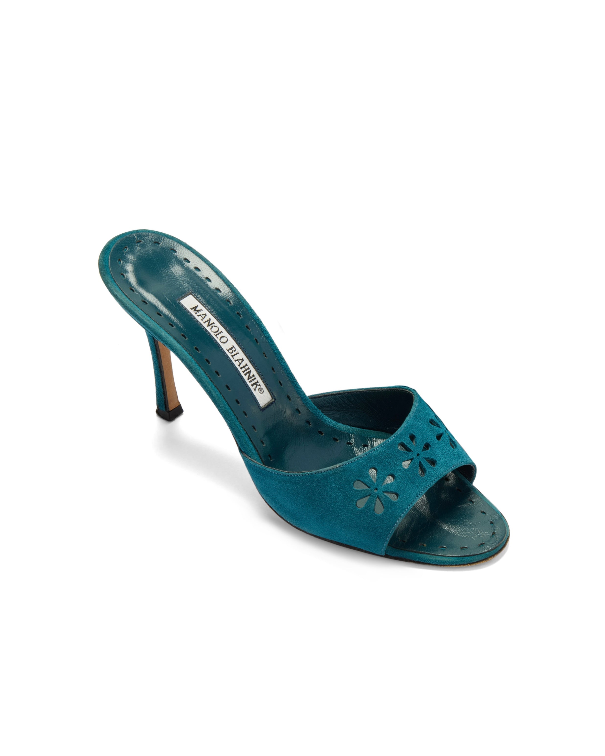 2000s Blue Floral Eyelet Laser Cut Suede Heels