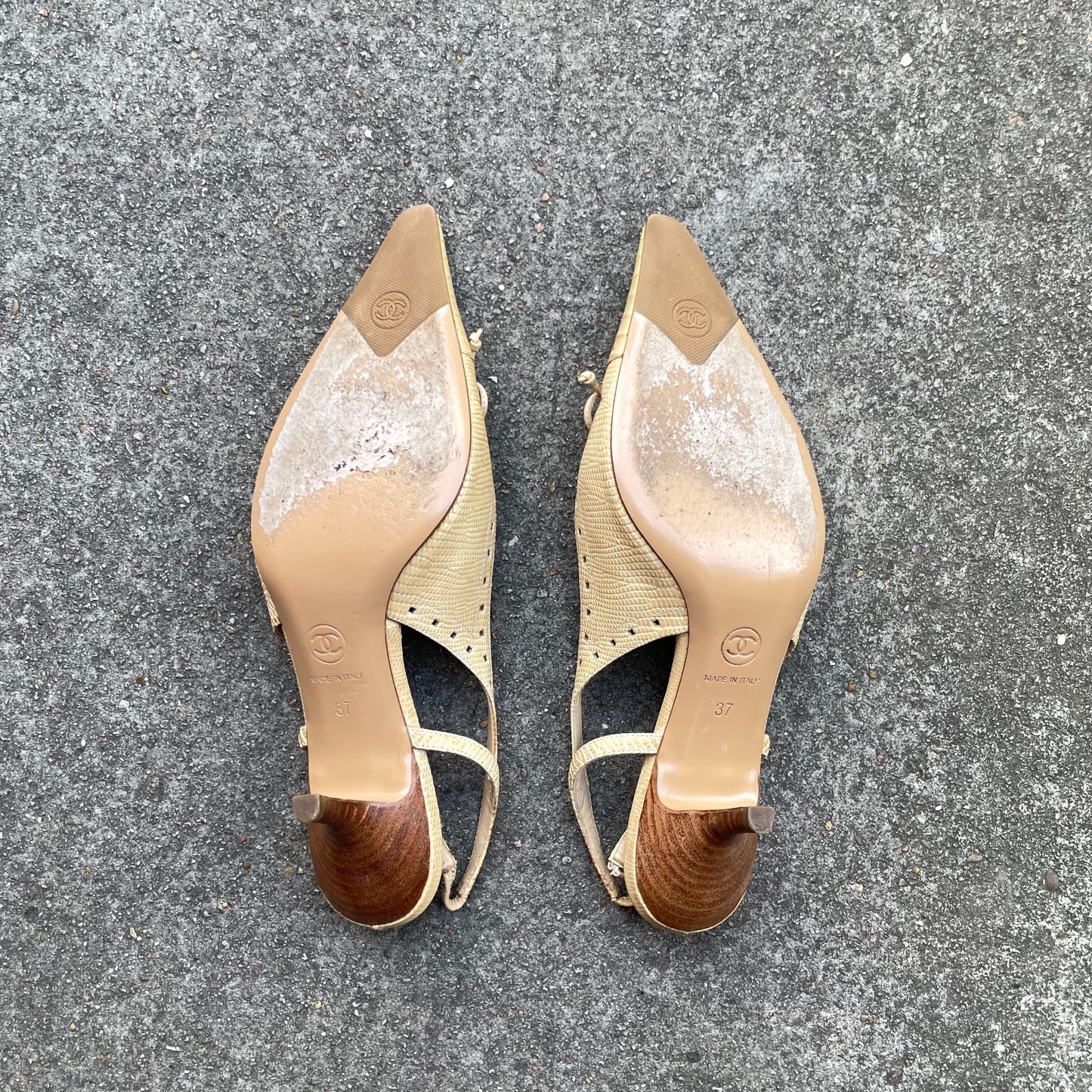 Chanel “CC” Beige Snakeskin Bow Slingback Heels