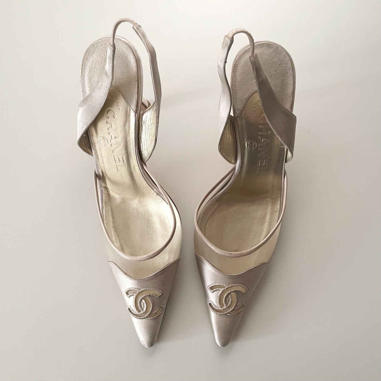 Chanel 2004 “CC” Ivory & Gold Satin Slingback Heels
