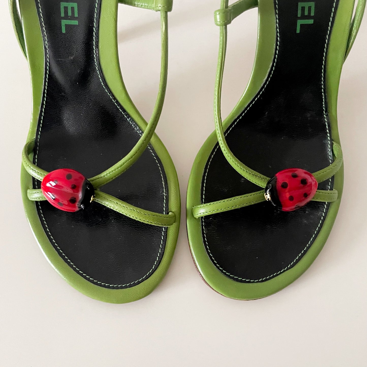 Chanel 2004 Ladybug Green Leather Slingback Heels