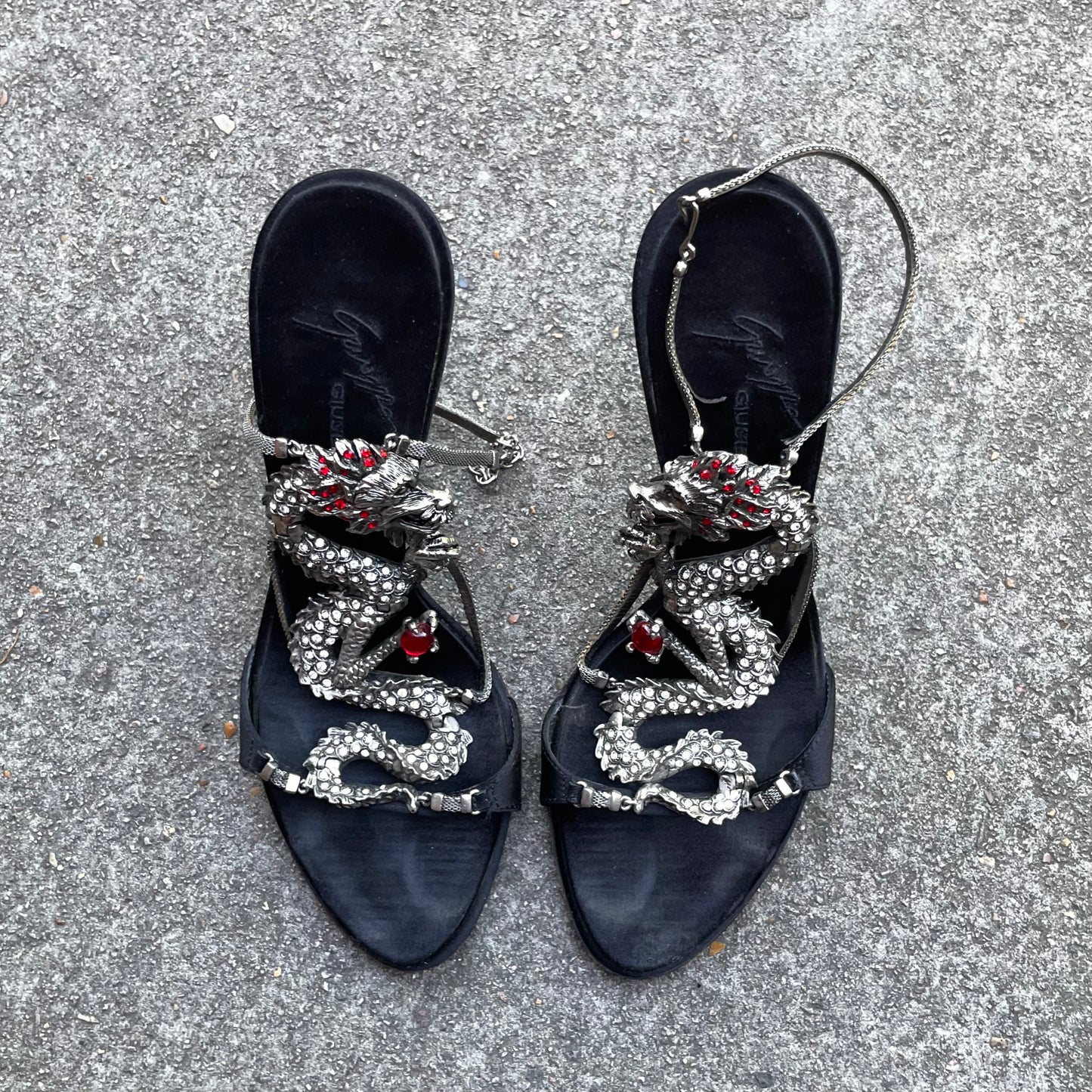 RARE Giuseppe Zanotti Silver & Red Dragon Black Satin Heels