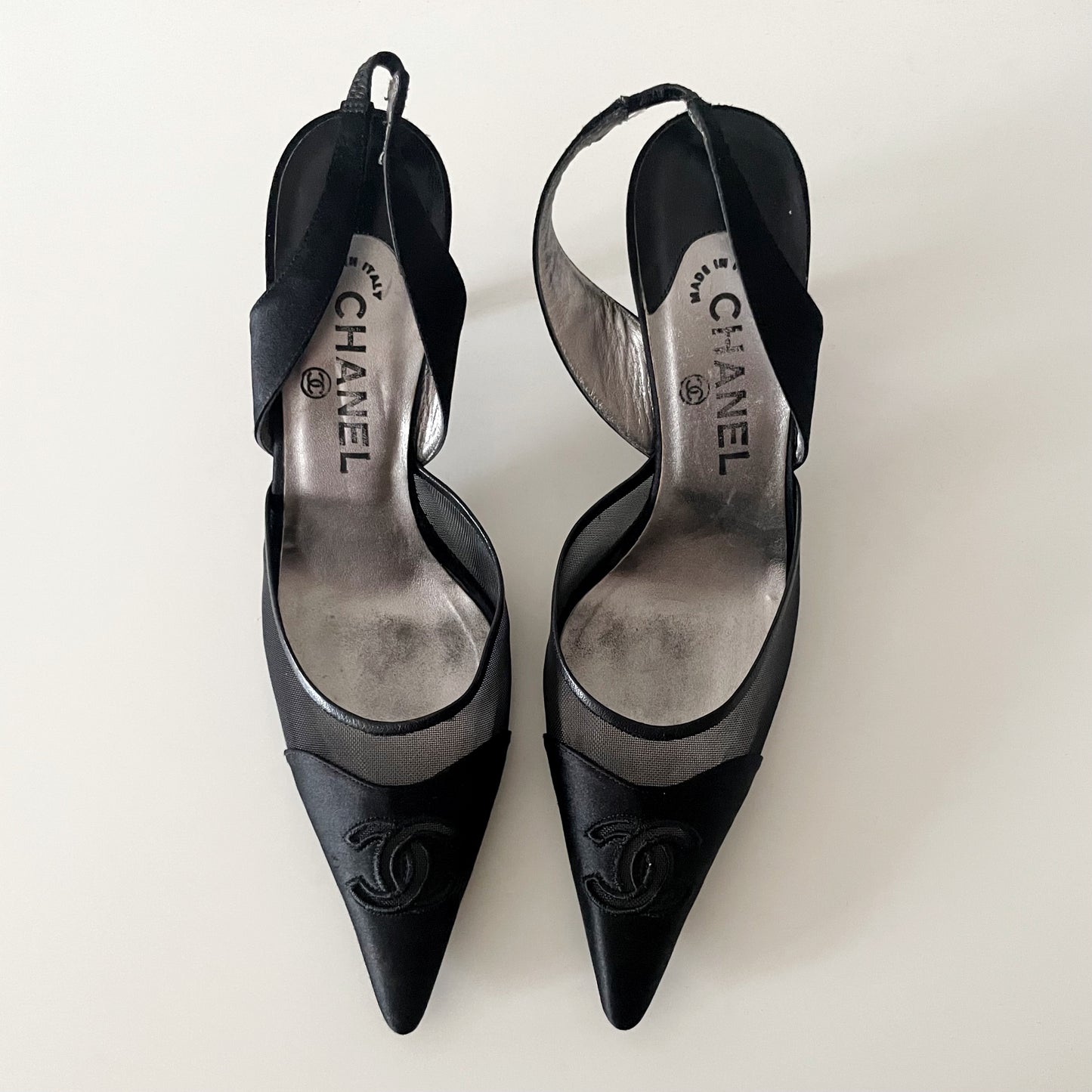 Chanel 2004 “CC” Black Satin Slingback Heels