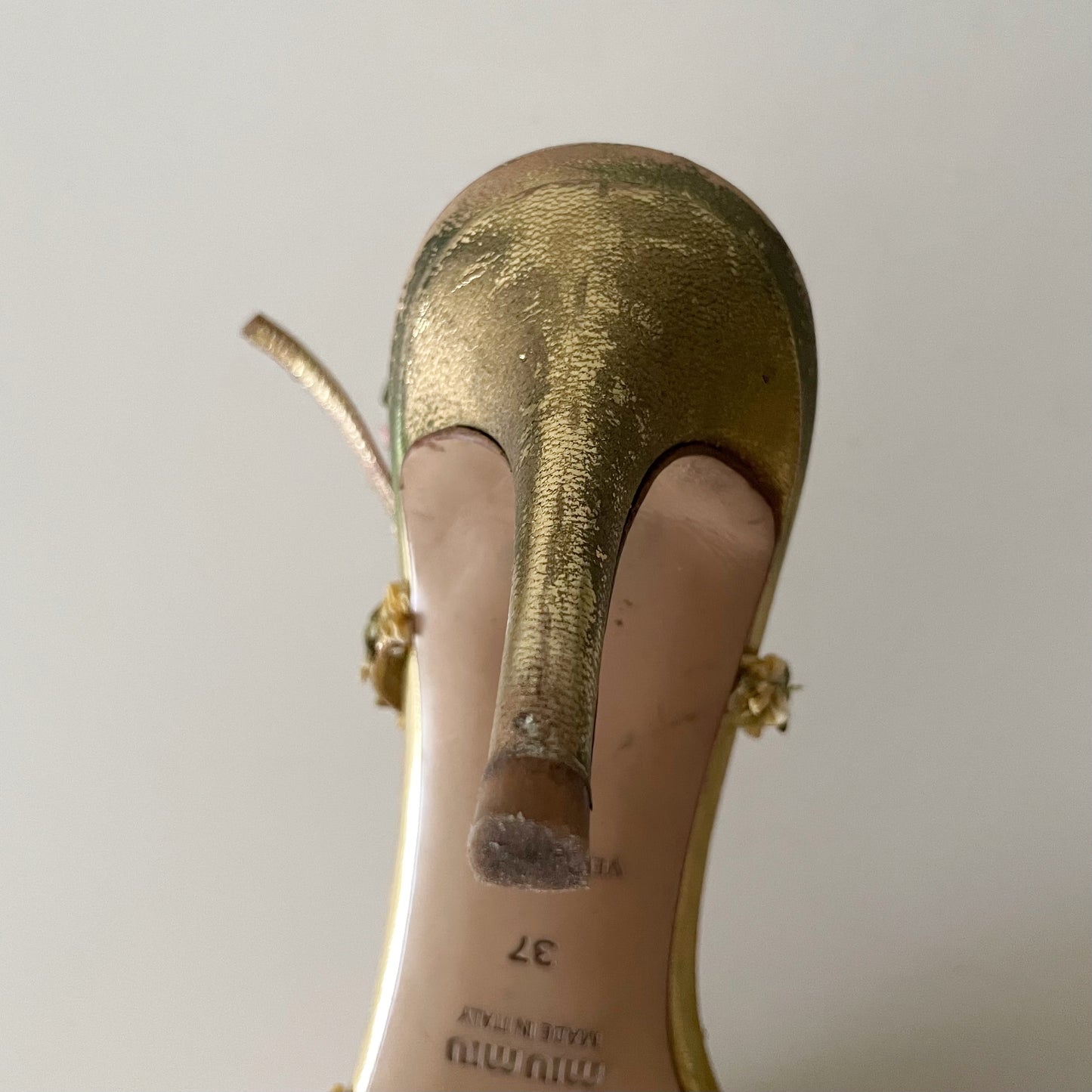 Miu Miu 2000s Floral Gold Leather T-Strap Sandal Heels