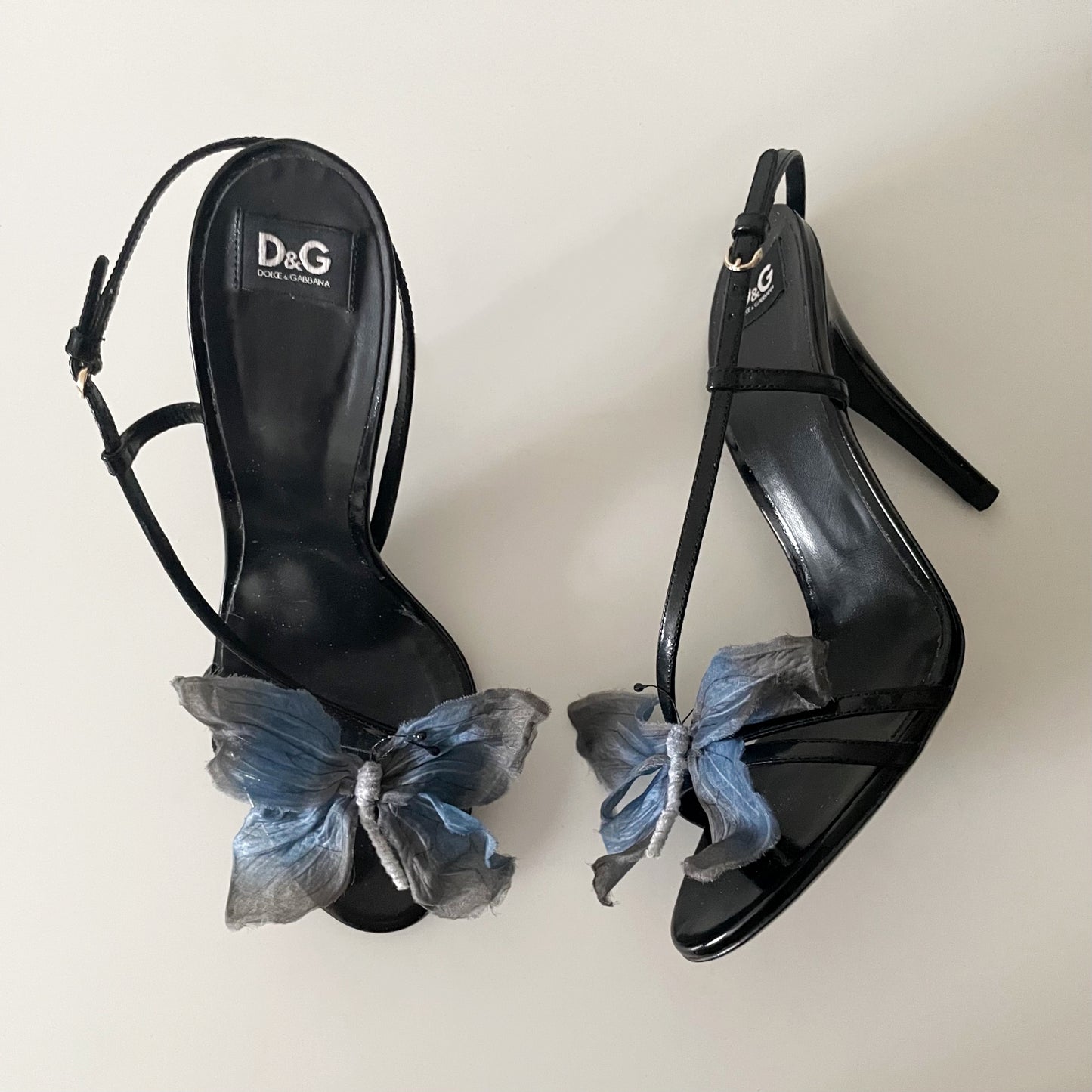Dolce & Gabbana S/S 1998 Blue Butterly Black Leather Slingback Sandal Heels